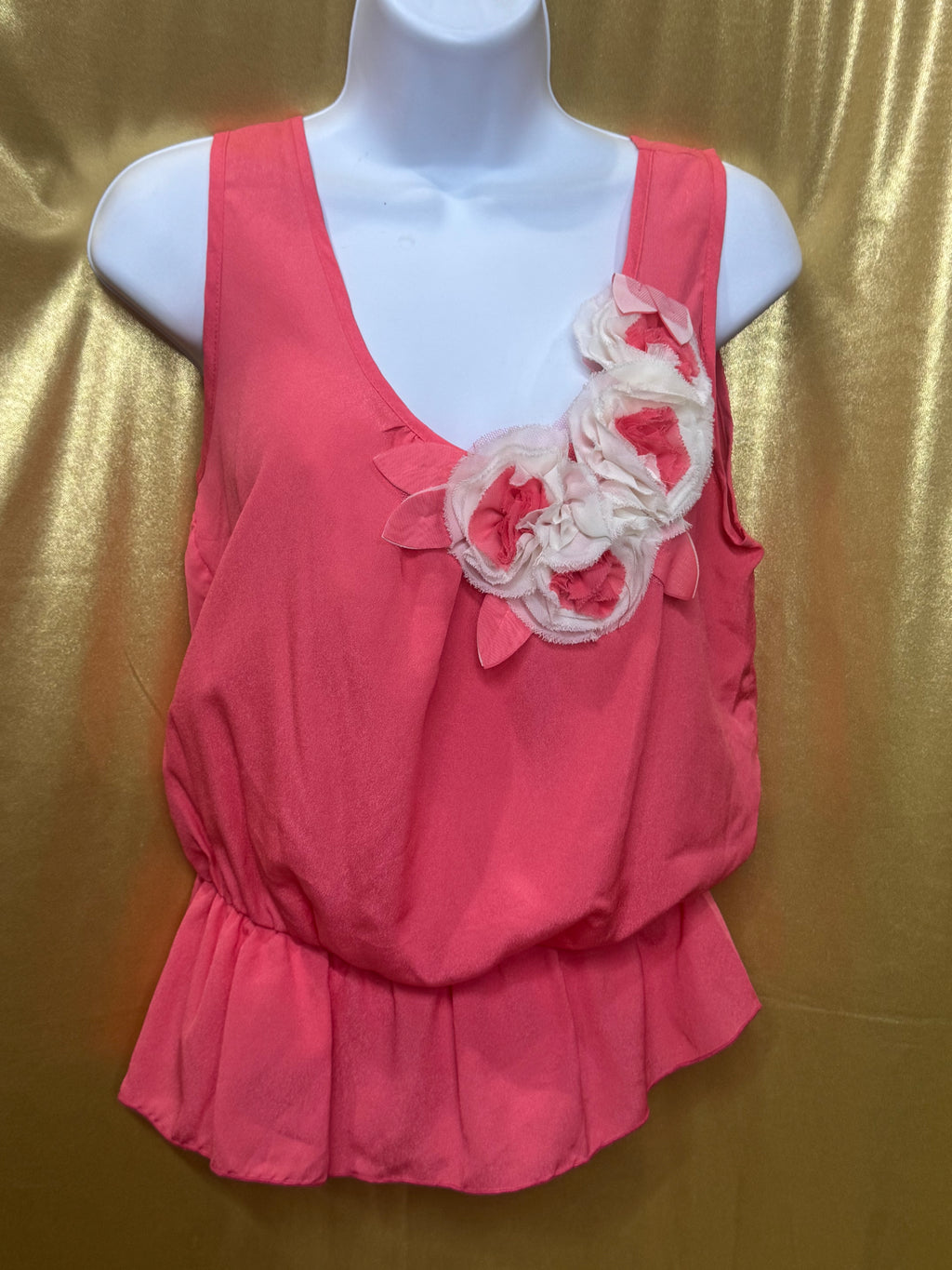 Cefian Coral Pink Chiffon Rosette Sleeveless Blouse Top - Size Large (Made in USA)