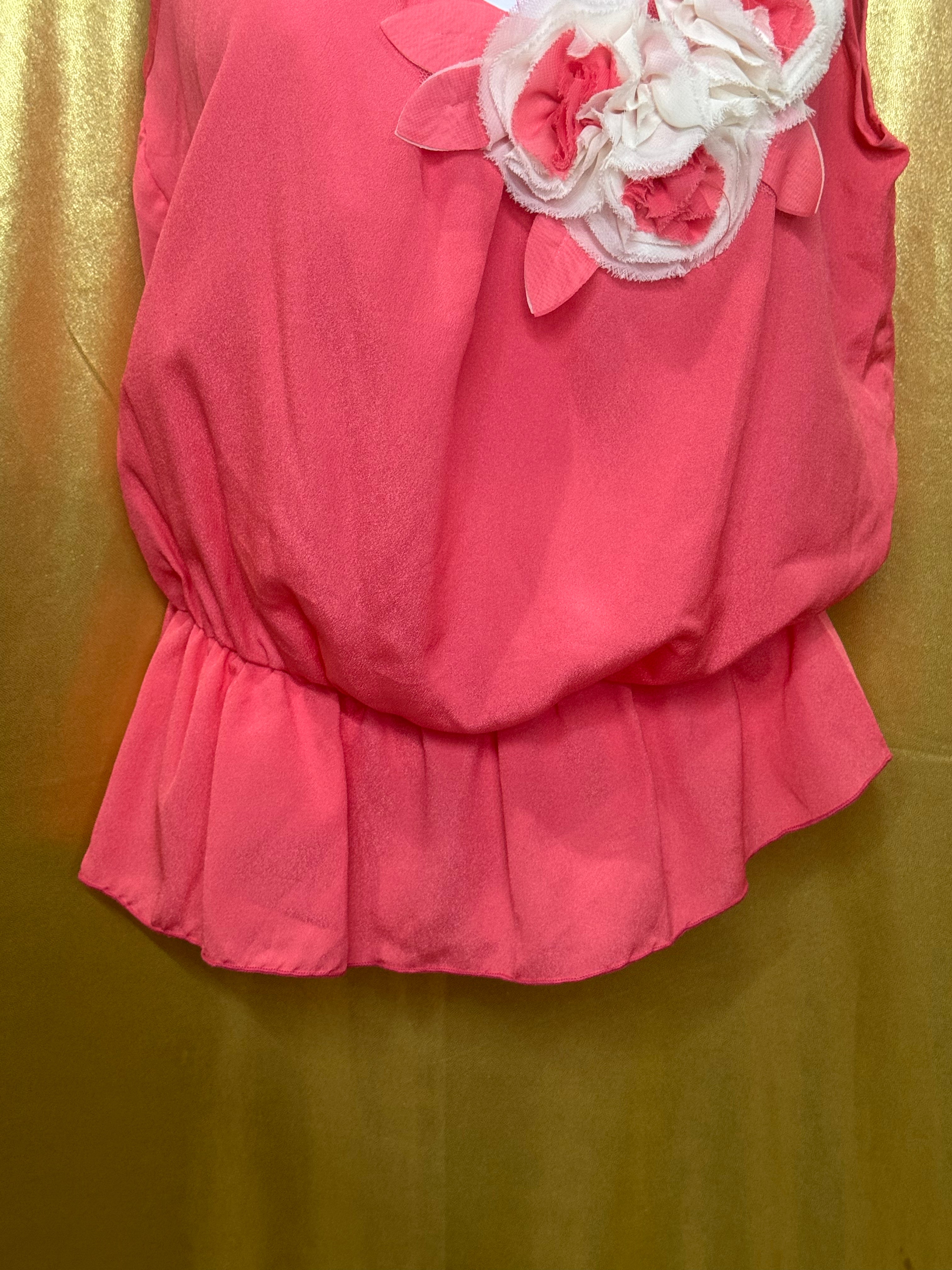 Cefian Coral Pink Chiffon Rosette Sleeveless Blouse Top - Size Large (Made in USA)