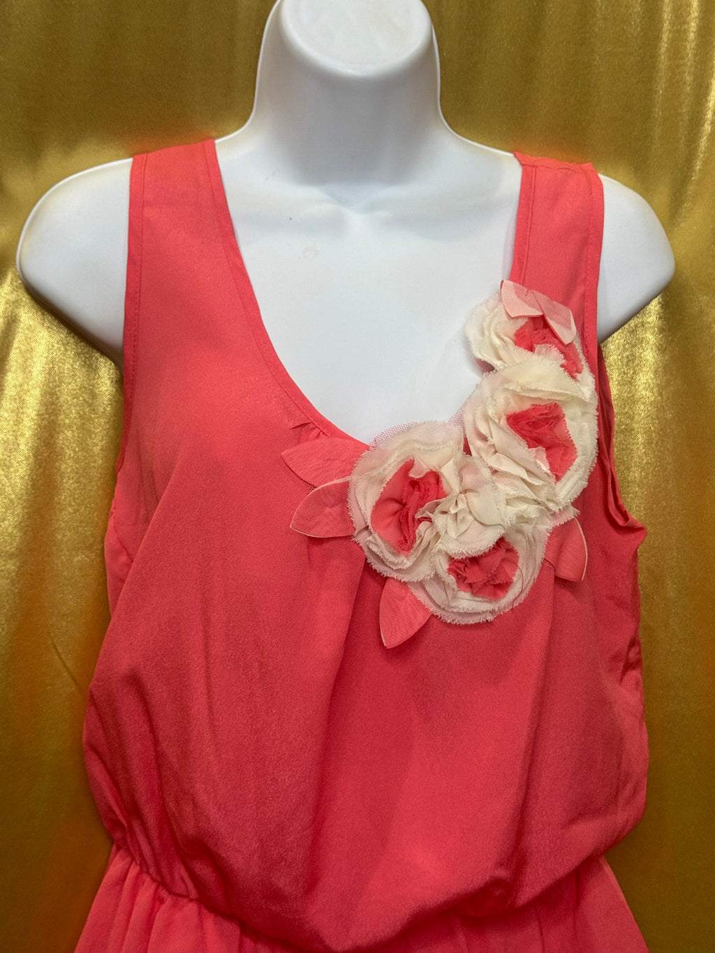 Cefian Coral Pink Chiffon Rosette Sleeveless Blouse Top - Size Large (Made in USA)