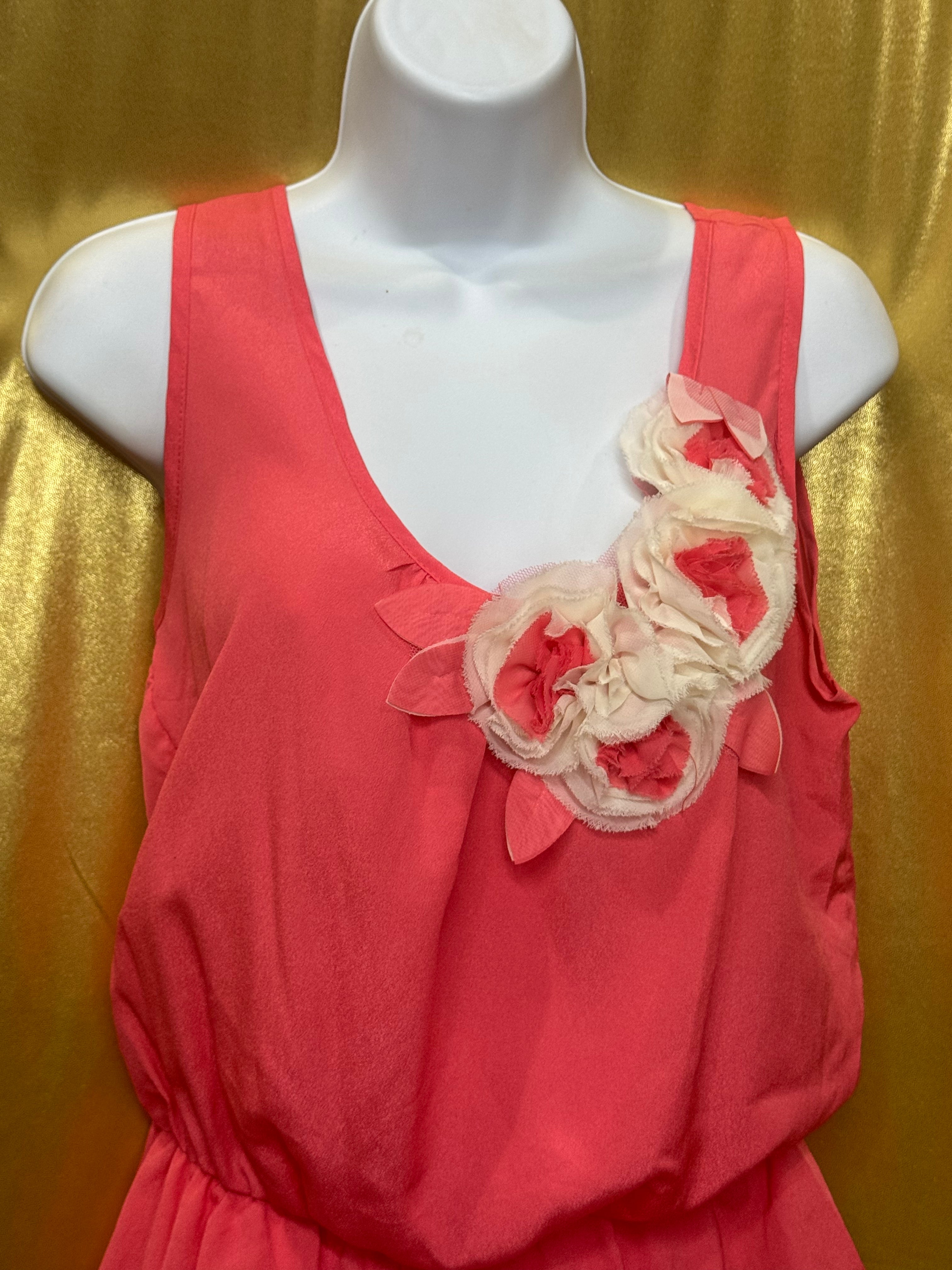 Cefian Coral Pink Chiffon Rosette Sleeveless Blouse Top - Size Large (Made in USA)