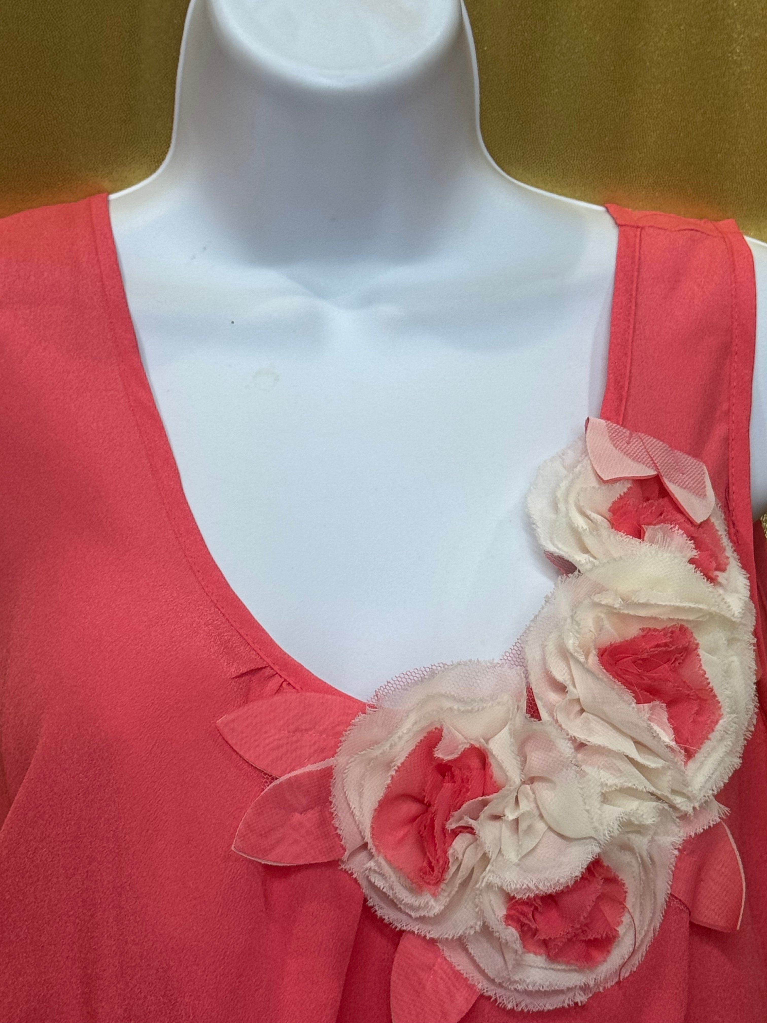 Cefian Coral Pink Chiffon Rosette Sleeveless Blouse Top - Size Large (Made in USA)