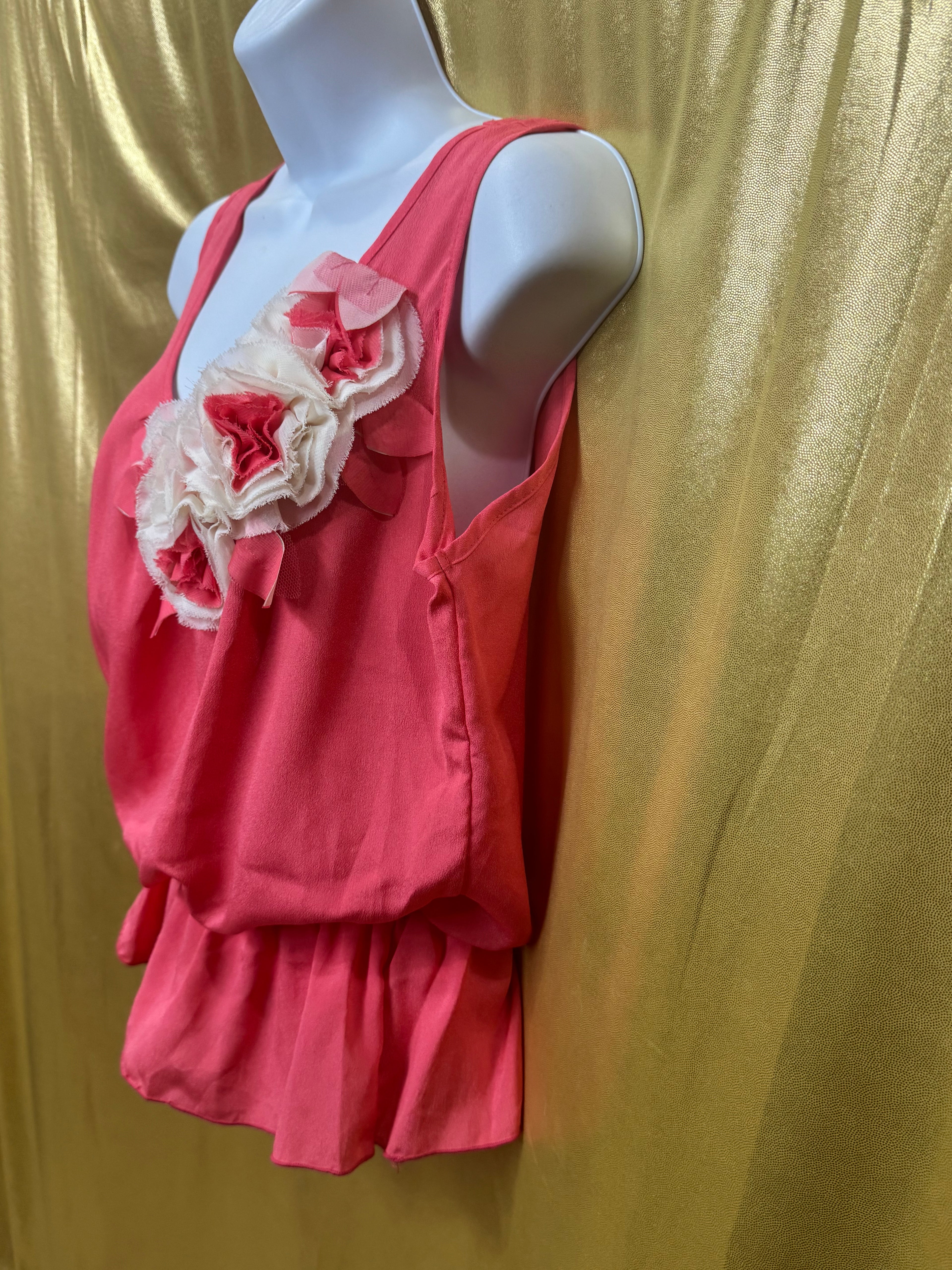 Cefian Coral Pink Chiffon Rosette Sleeveless Blouse Top - Size Large (Made in USA)