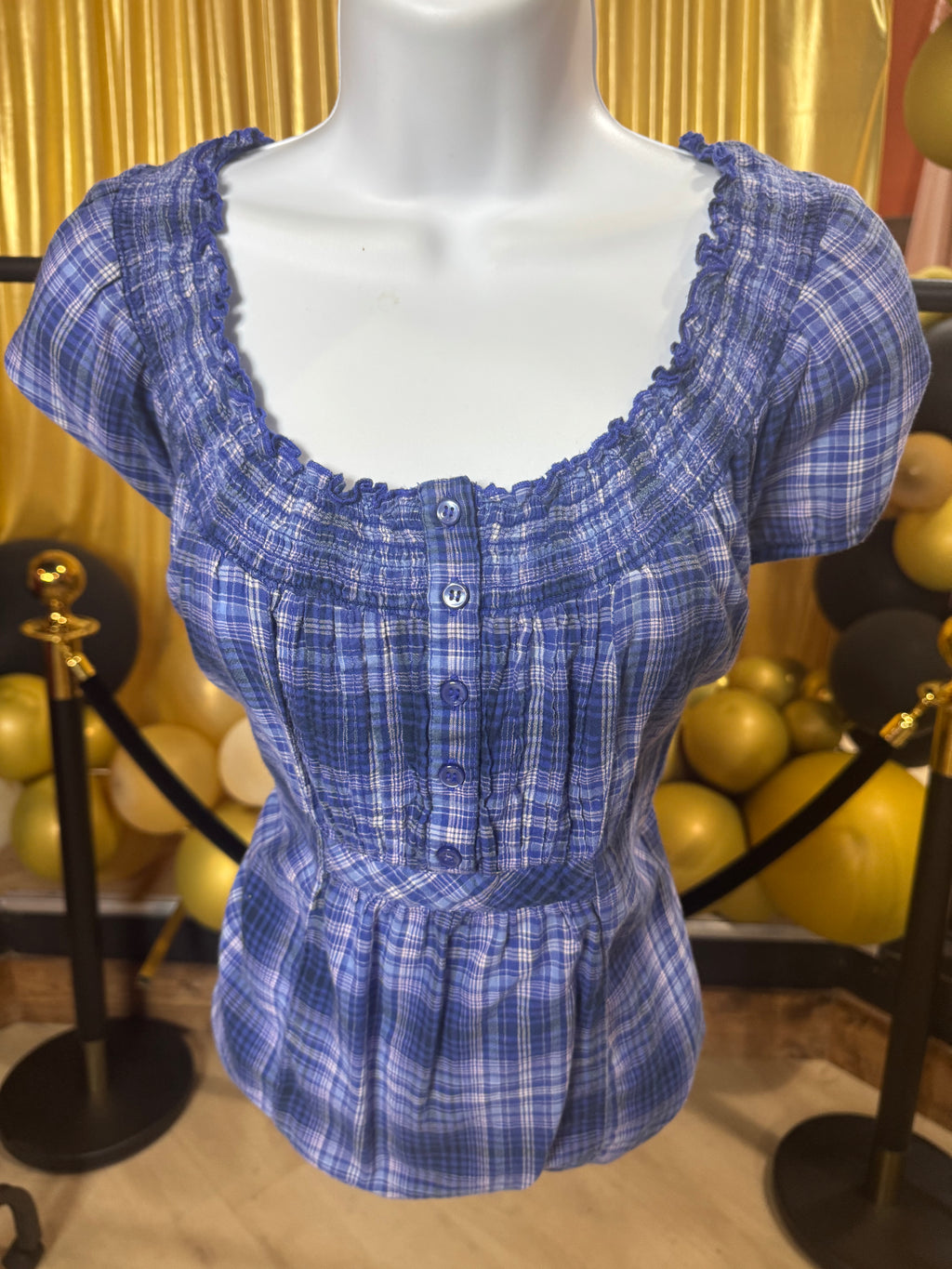 Faded Glory Blue & White Plaid Blouse Size M