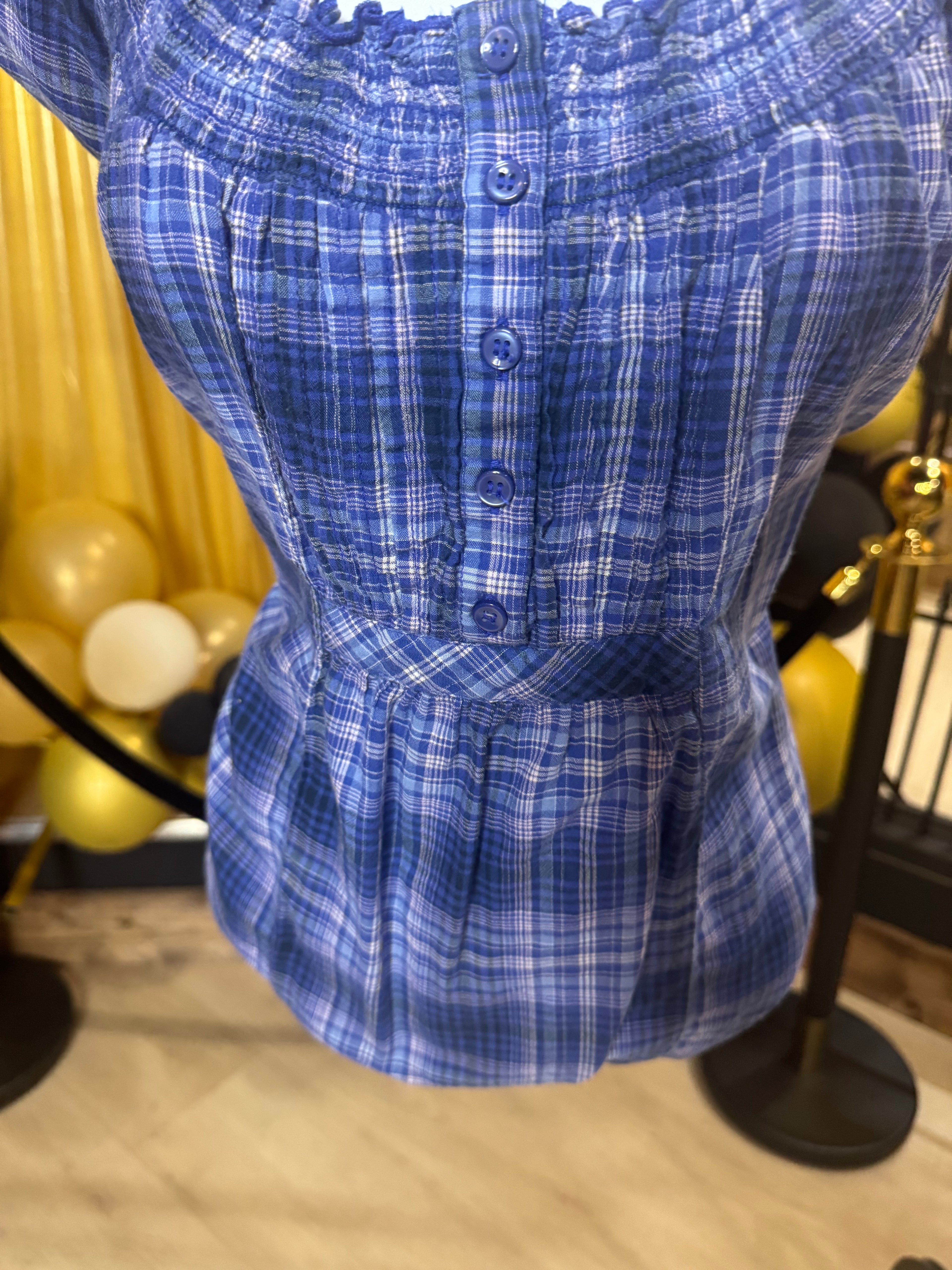 Faded Glory Blue & White Plaid Blouse Size M