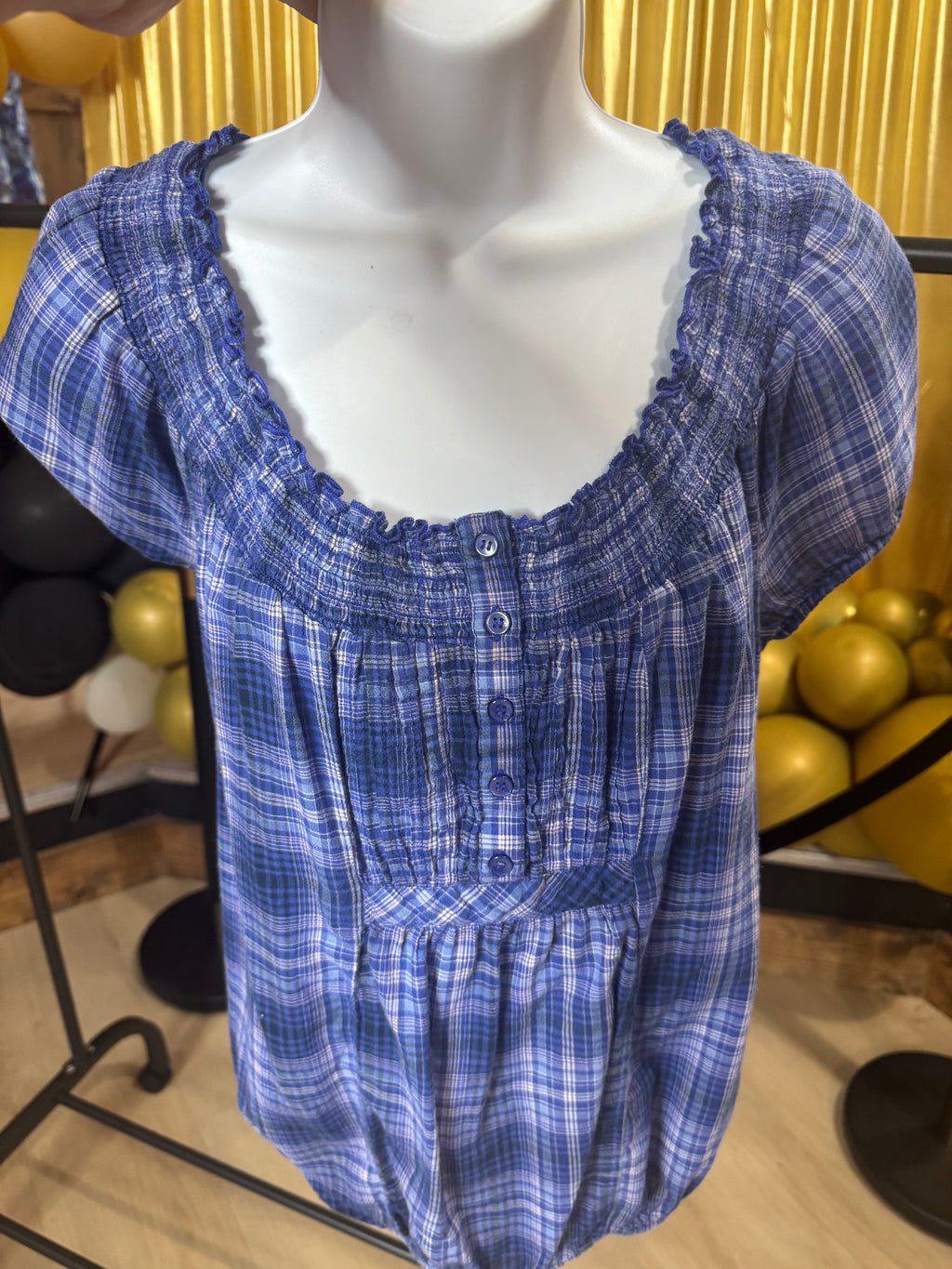 Faded Glory Blue & White Plaid Blouse Size M