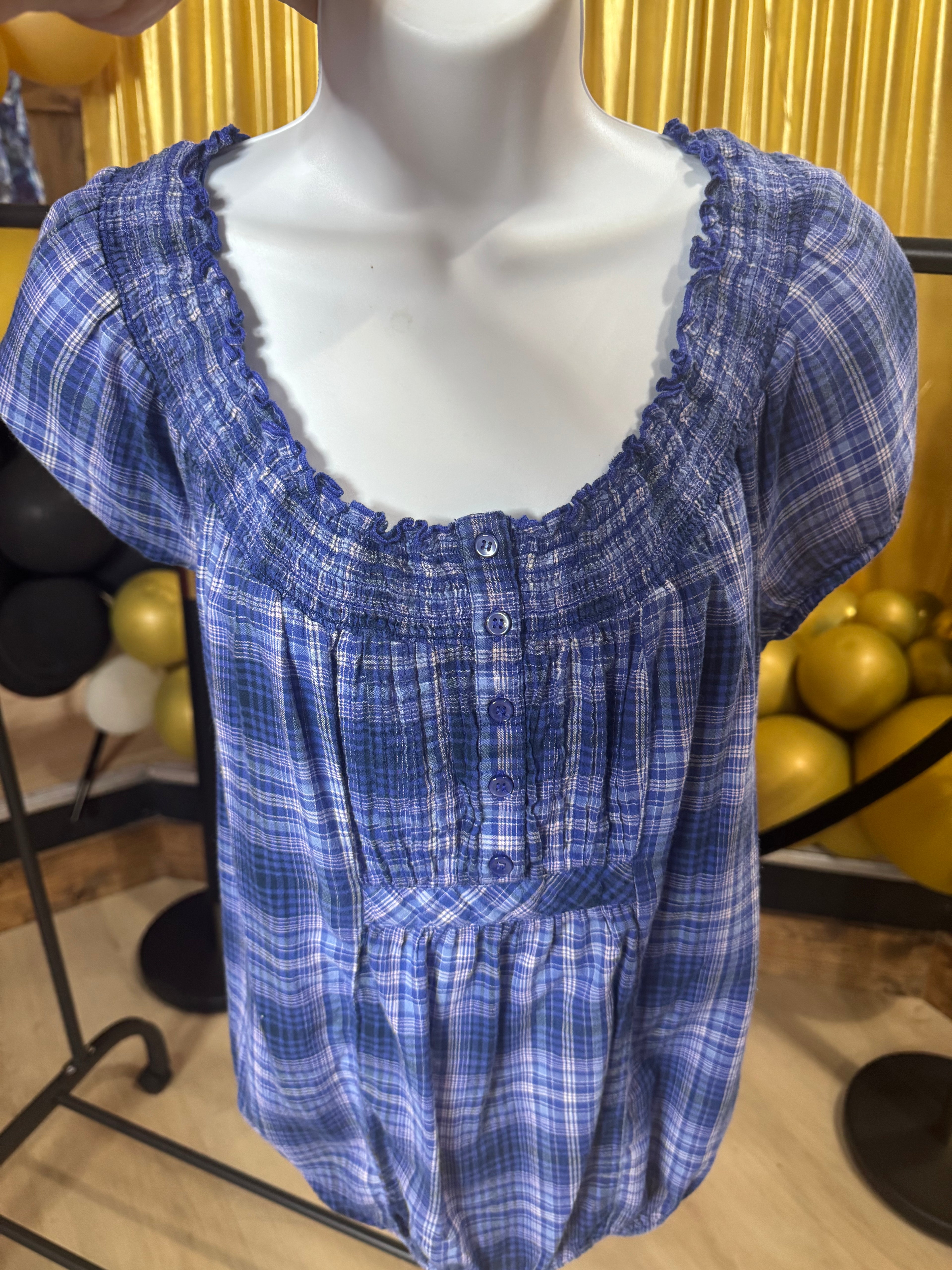 Faded Glory Blue & White Plaid Blouse Size M