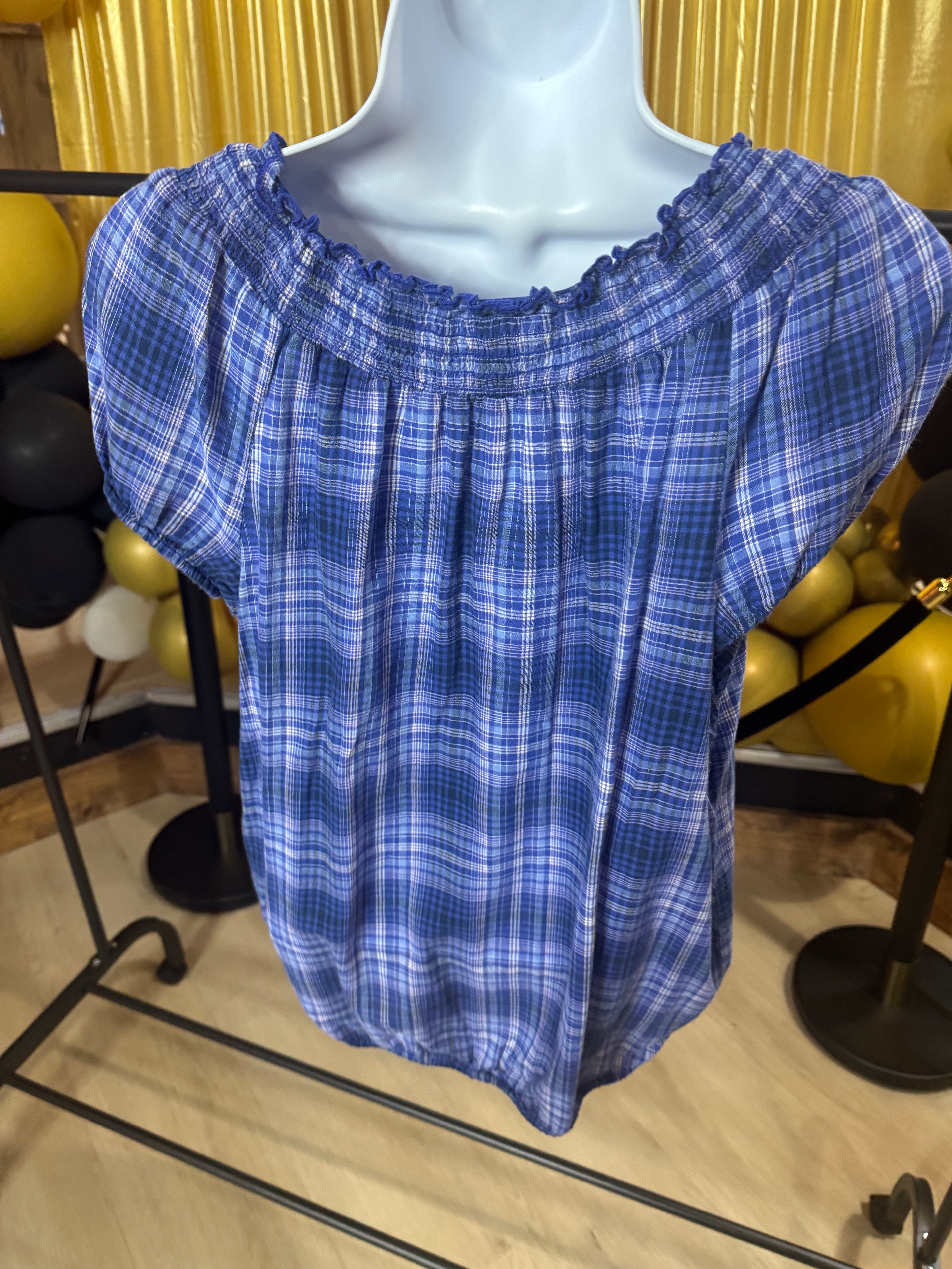 Faded Glory Blue & White Plaid Blouse Size M