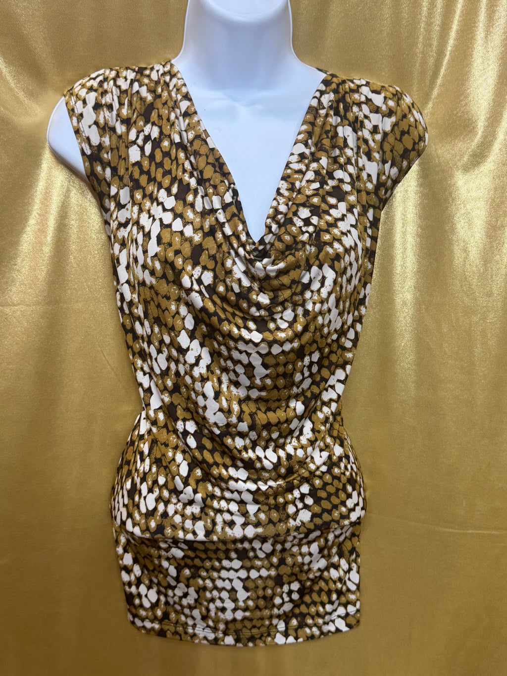 Jennie & Marlis Cowl Neck Blouse Size L Gold Green Abstract Pattern Stretch