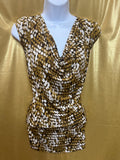 Jennie & Marlis Cowl Neck Blouse Size L Gold Green Abstract Pattern Stretch