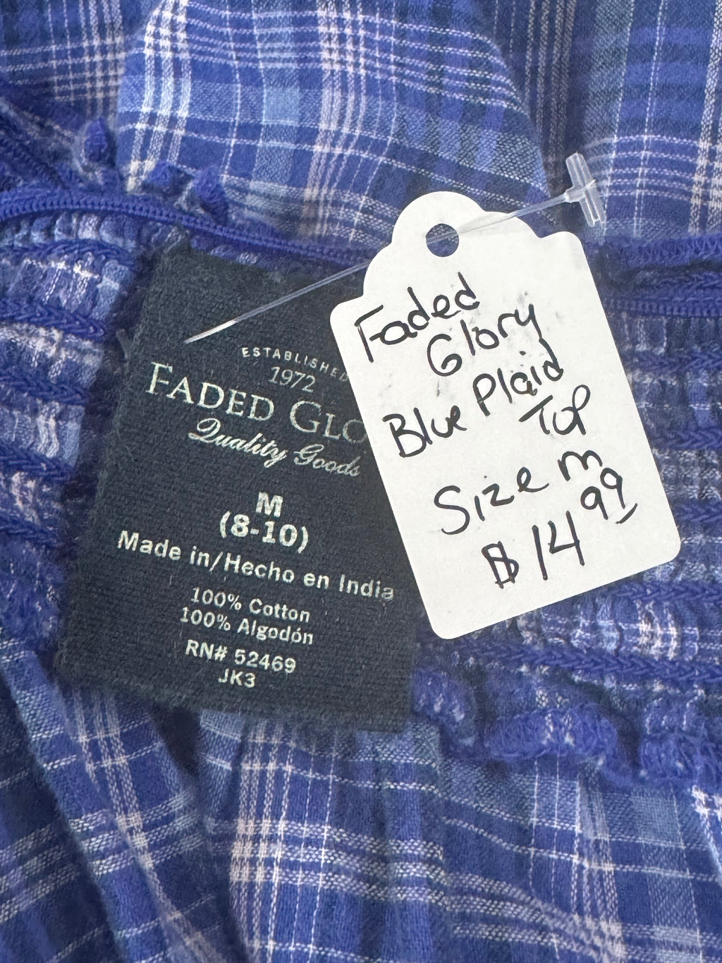 Faded Glory Blue & White Plaid Blouse Size M