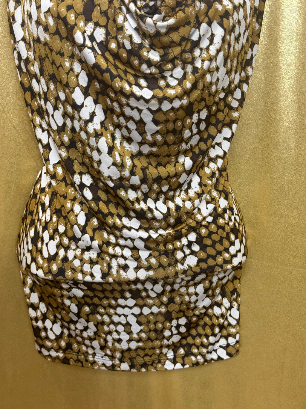 Jennie & Marlis Cowl Neck Blouse Size L Gold Green Abstract Pattern Stretch