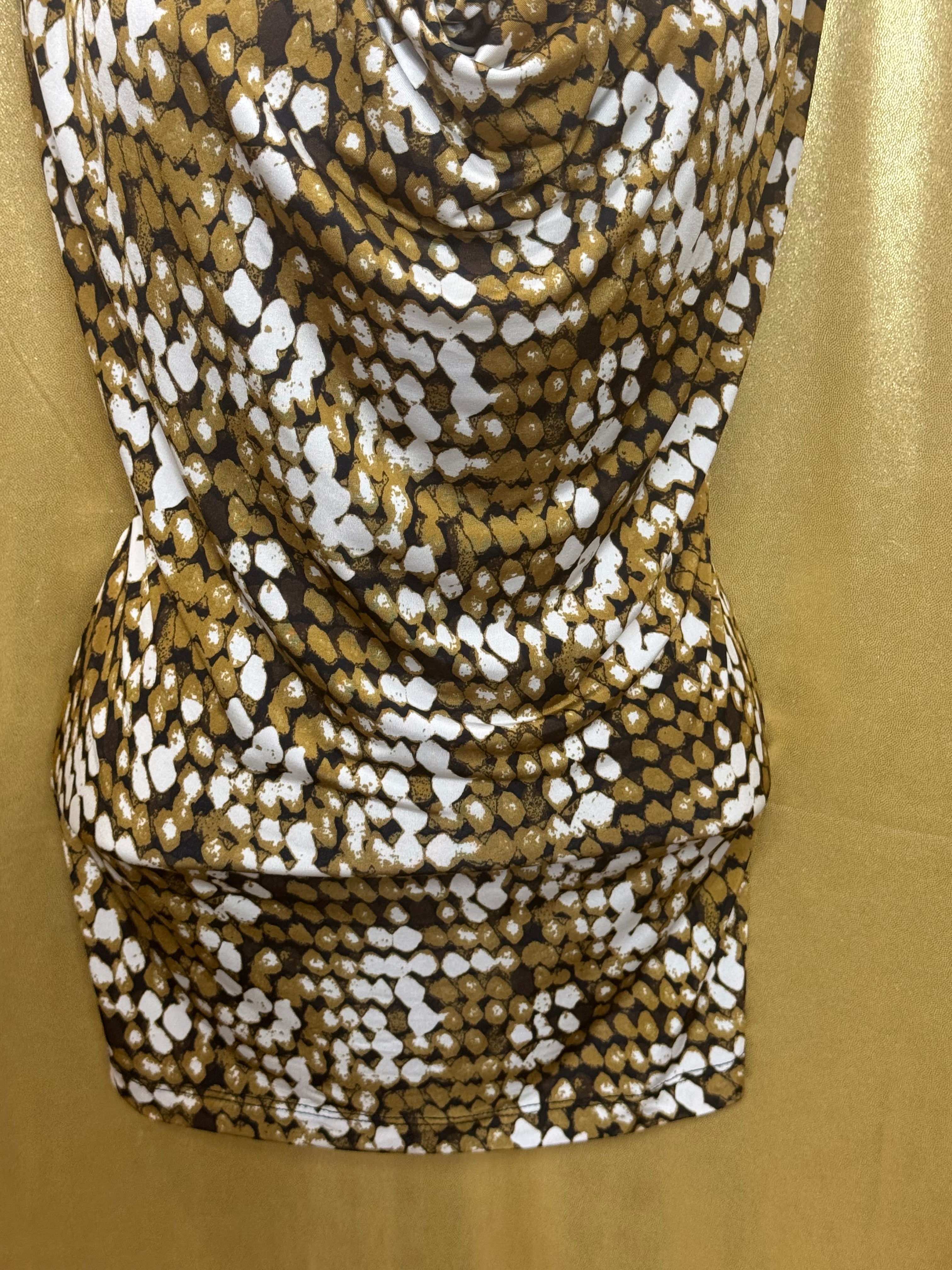 Jennie & Marlis Cowl Neck Blouse Size L Gold Green Abstract Pattern Stretch