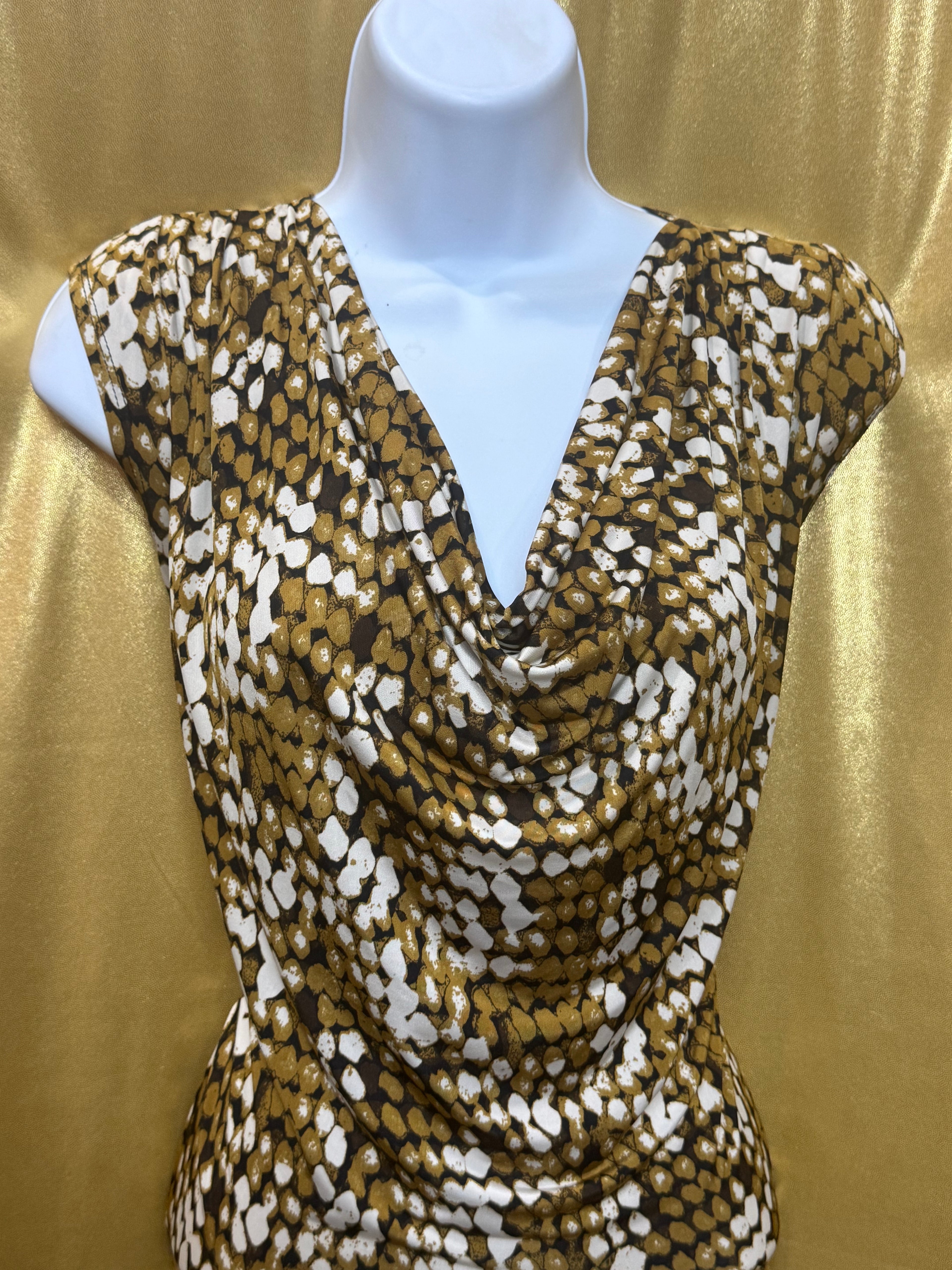 Jennie & Marlis Cowl Neck Blouse Size L Gold Green Abstract Pattern Stretch
