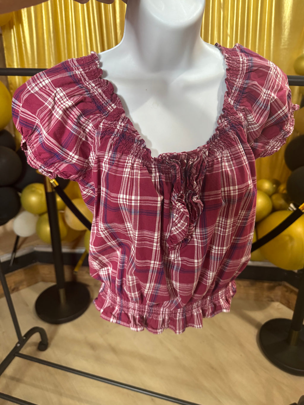 OP Red & White Plaid Short Sleeve Blouse Size M (Juniors)