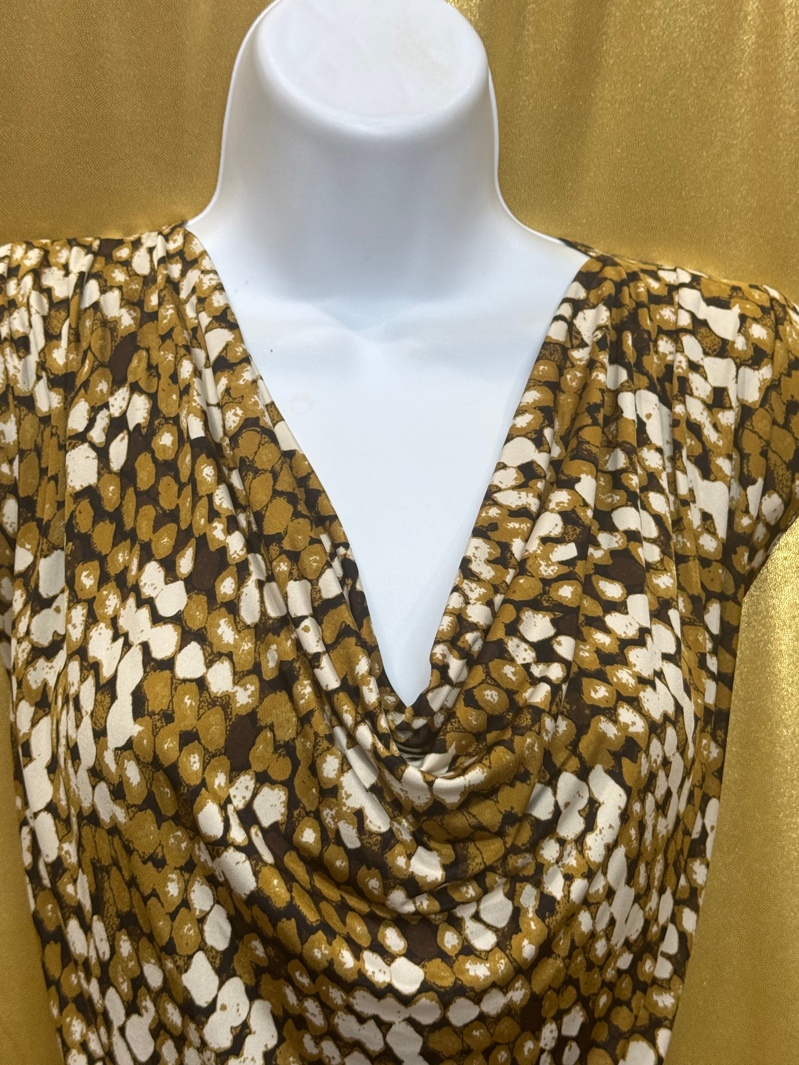 Jennie & Marlis Cowl Neck Blouse Size L Gold Green Abstract Pattern Stretch
