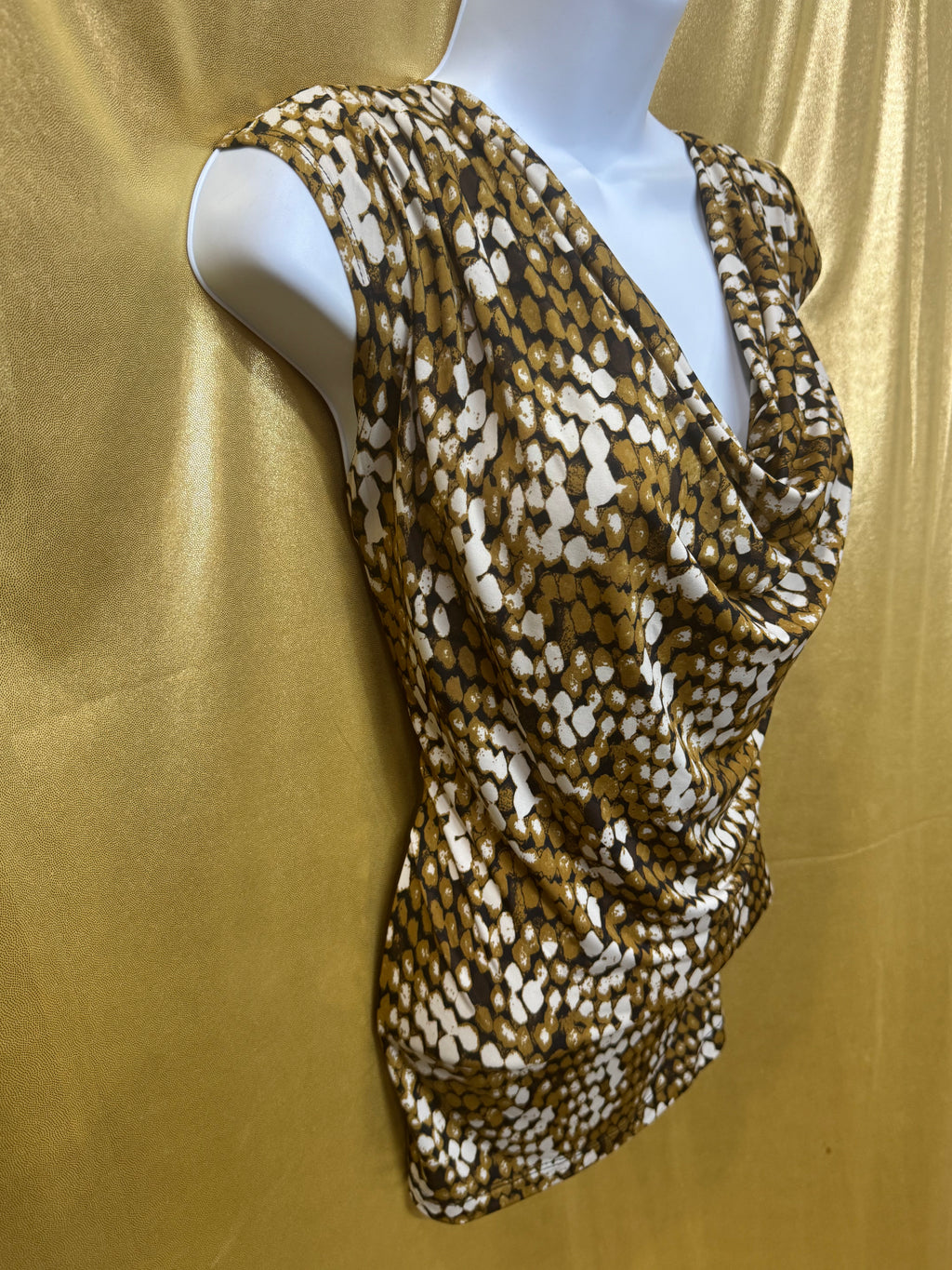 Jennie & Marlis Cowl Neck Blouse Size L Gold Green Abstract Pattern Stretch