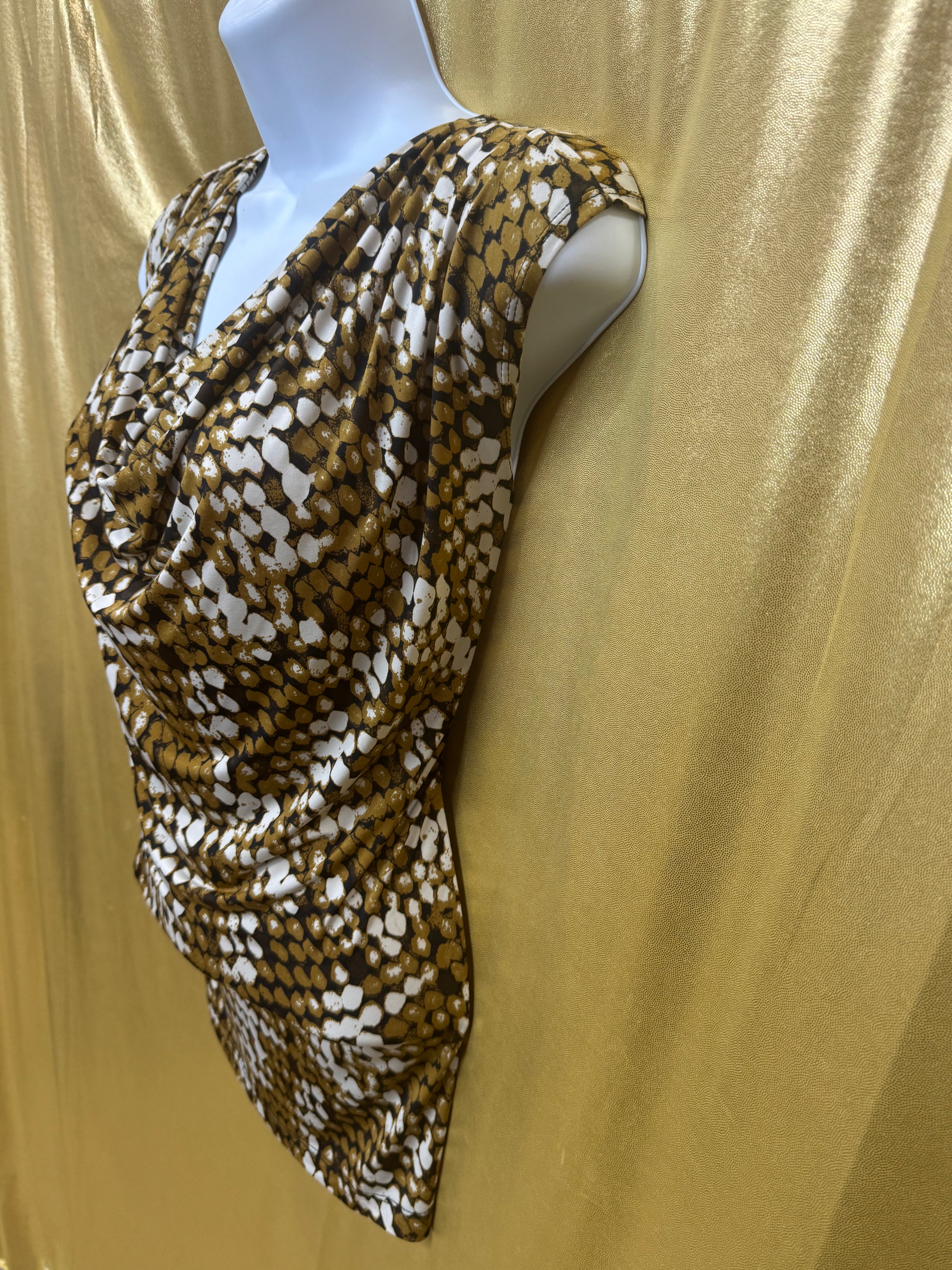Jennie & Marlis Cowl Neck Blouse Size L Gold Green Abstract Pattern Stretch
