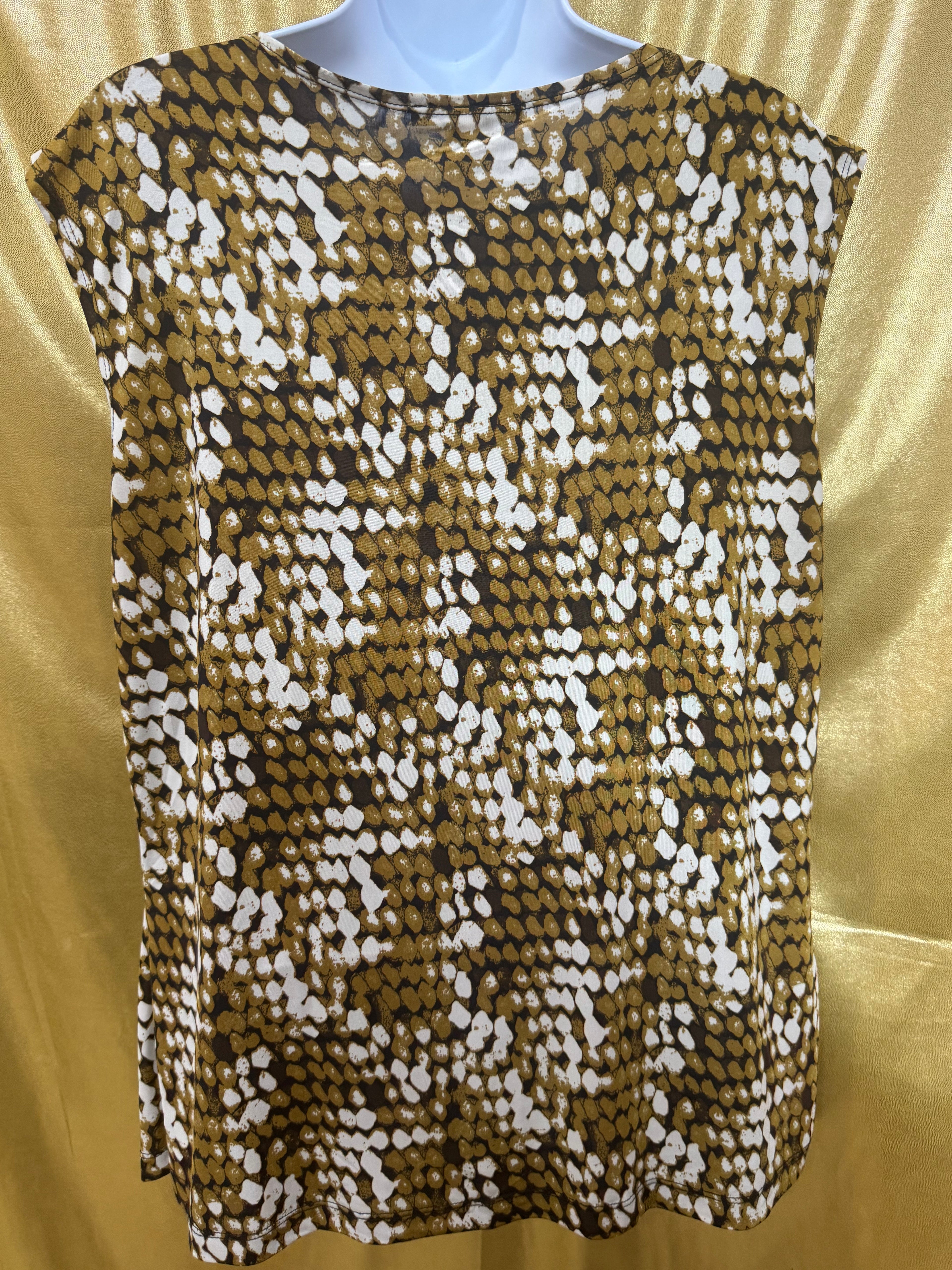Jennie & Marlis Cowl Neck Blouse Size L Gold Green Abstract Pattern Stretch