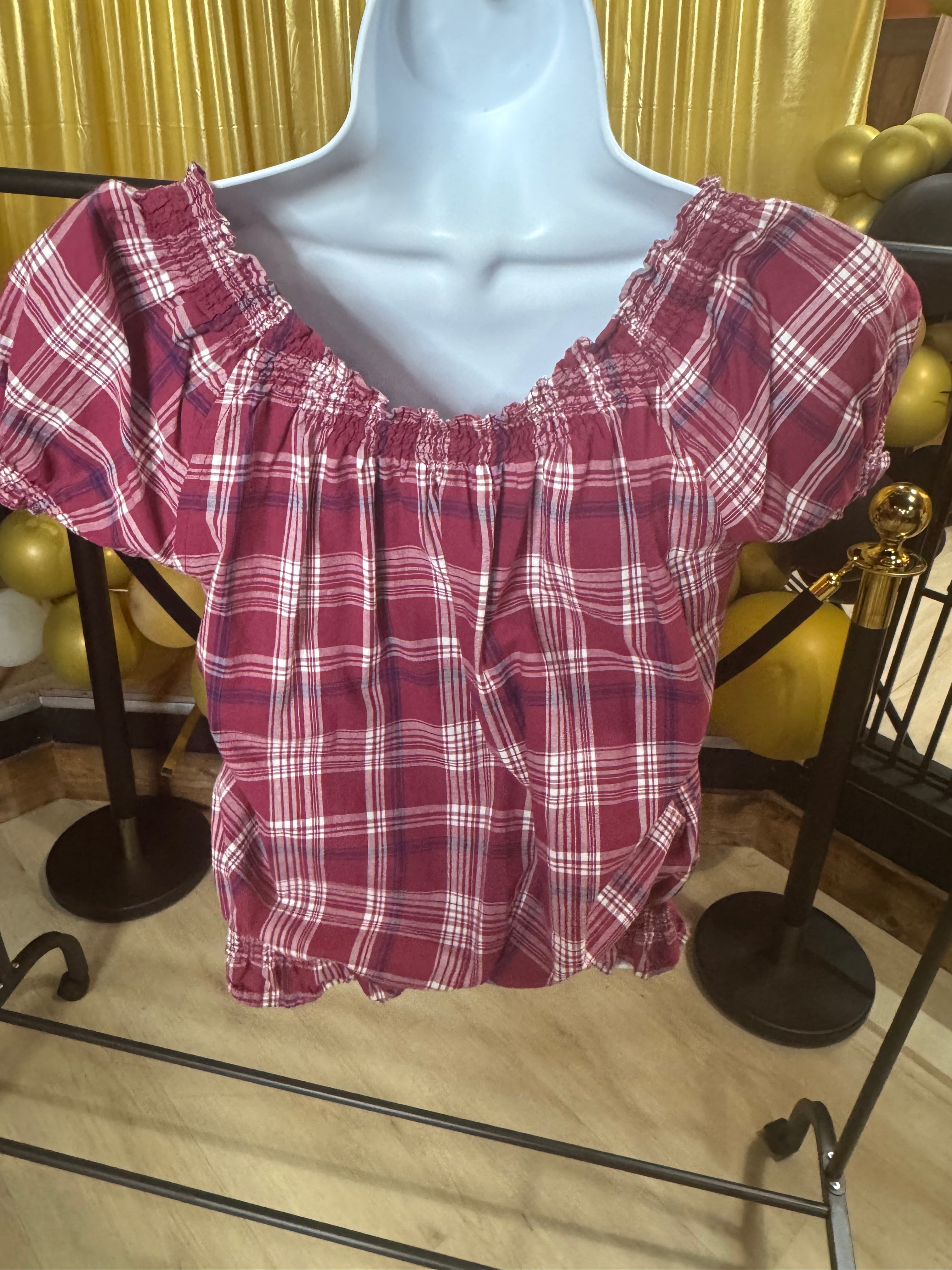 OP Red & White Plaid Short Sleeve Blouse Size M (Juniors)