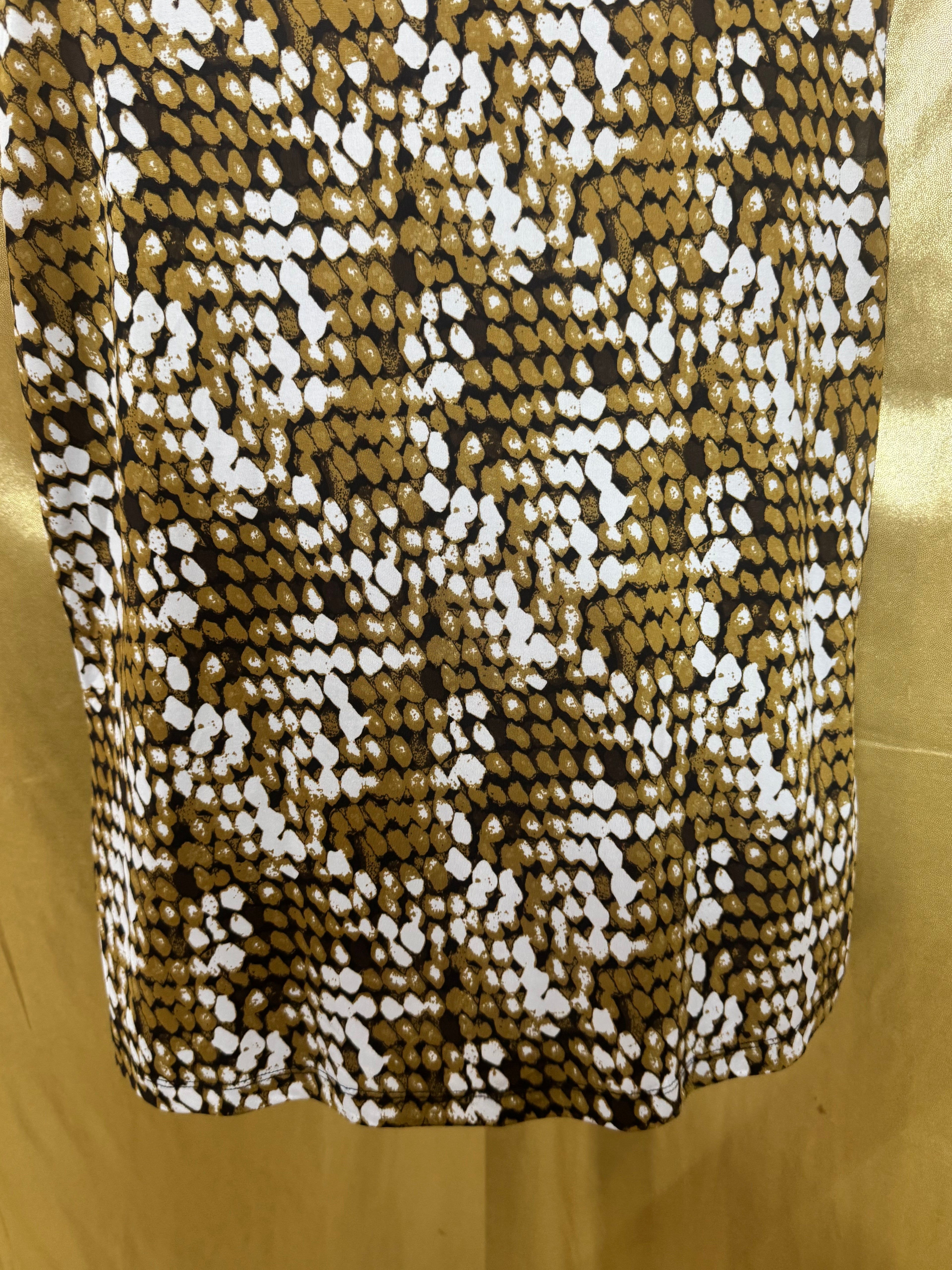 Jennie & Marlis Cowl Neck Blouse Size L Gold Green Abstract Pattern Stretch