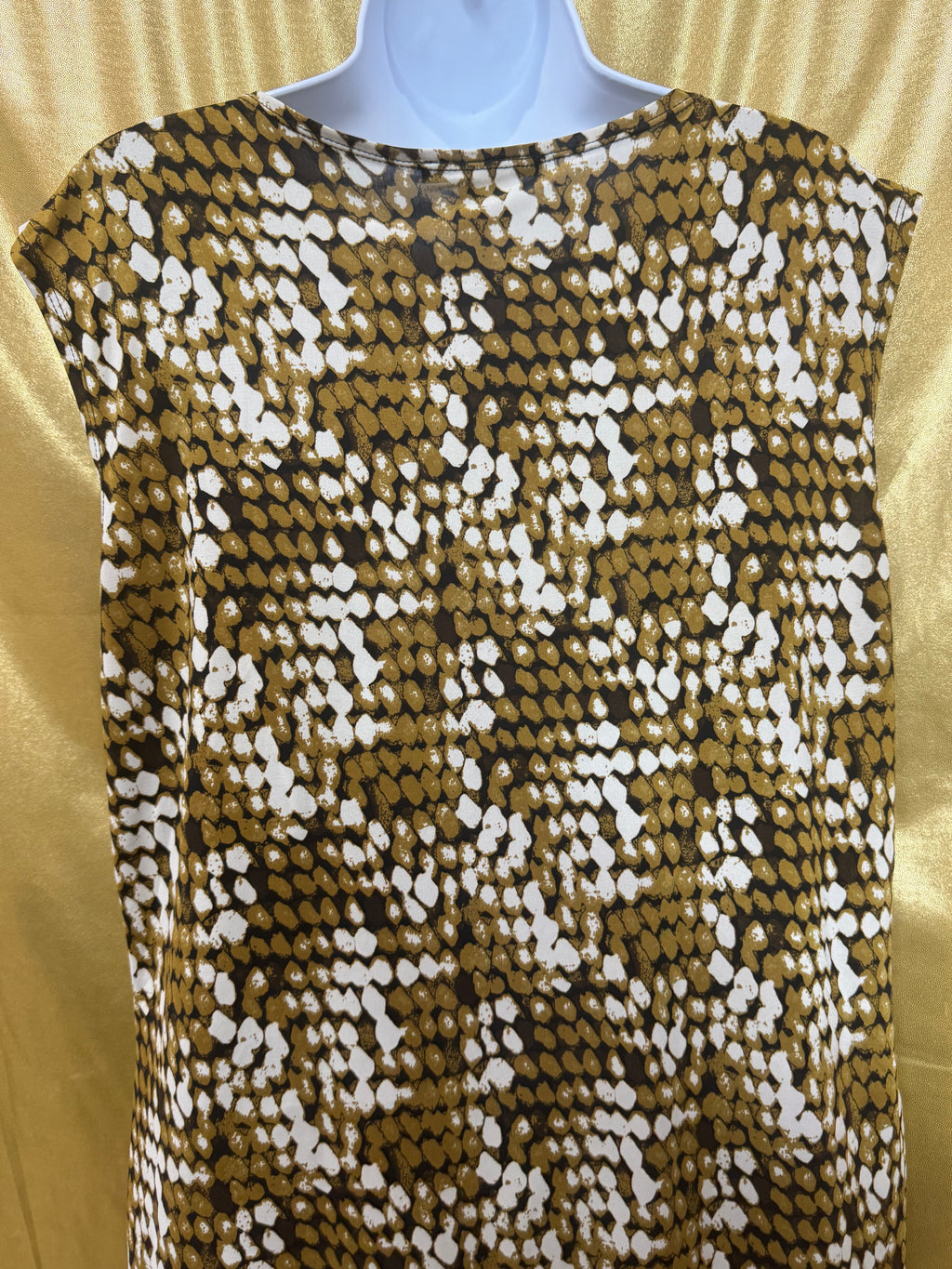 Jennie & Marlis Cowl Neck Blouse Size L Gold Green Abstract Pattern Stretch