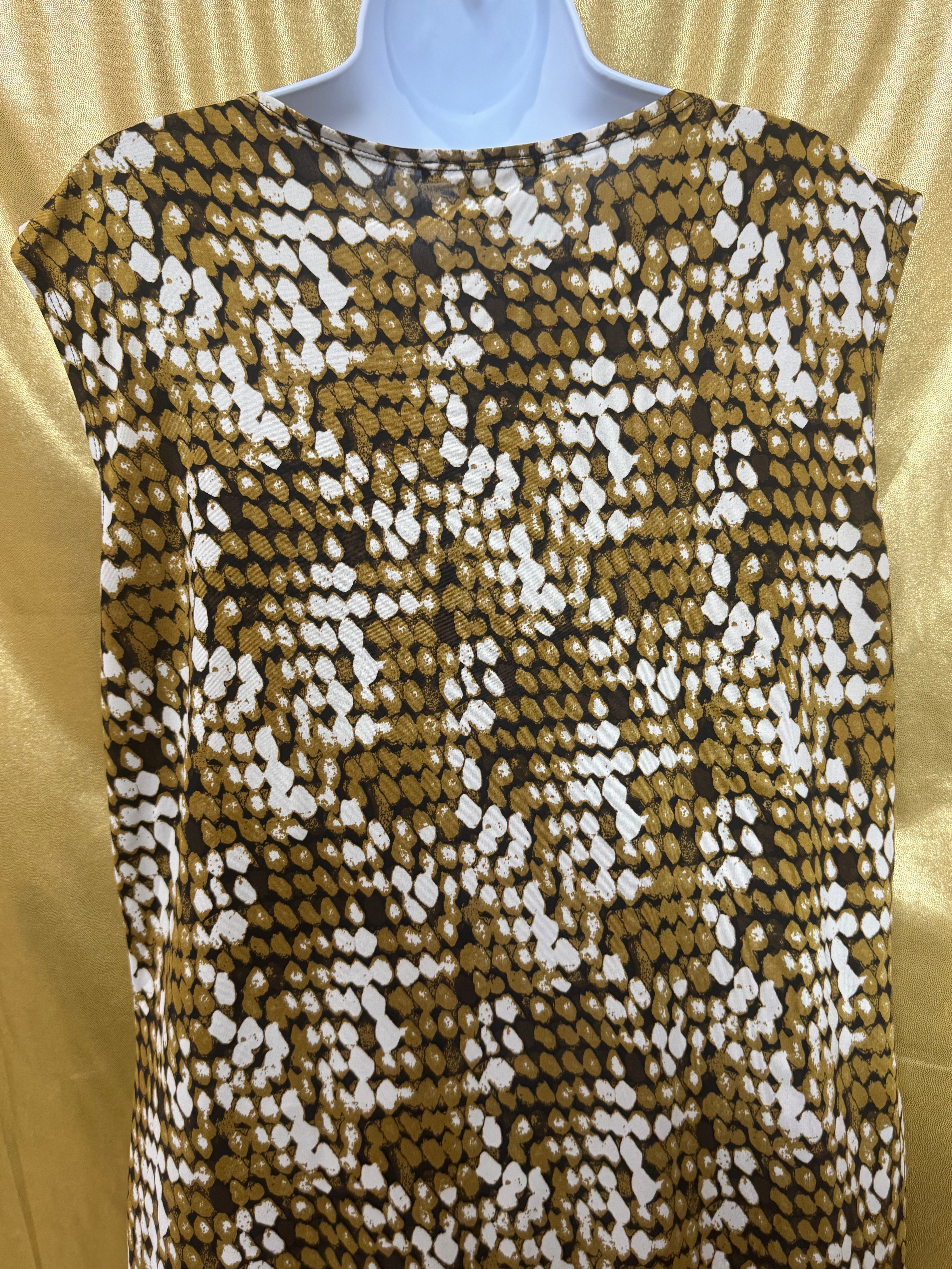 Jennie & Marlis Cowl Neck Blouse Size L Gold Green Abstract Pattern Stretch