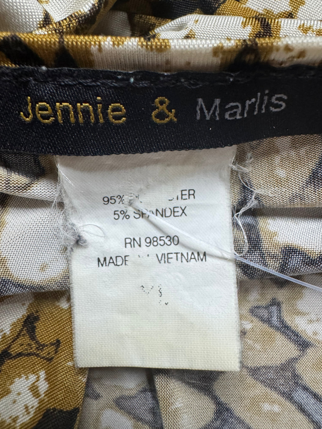 Jennie & Marlis Cowl Neck Blouse Size L Gold Green Abstract Pattern Stretch