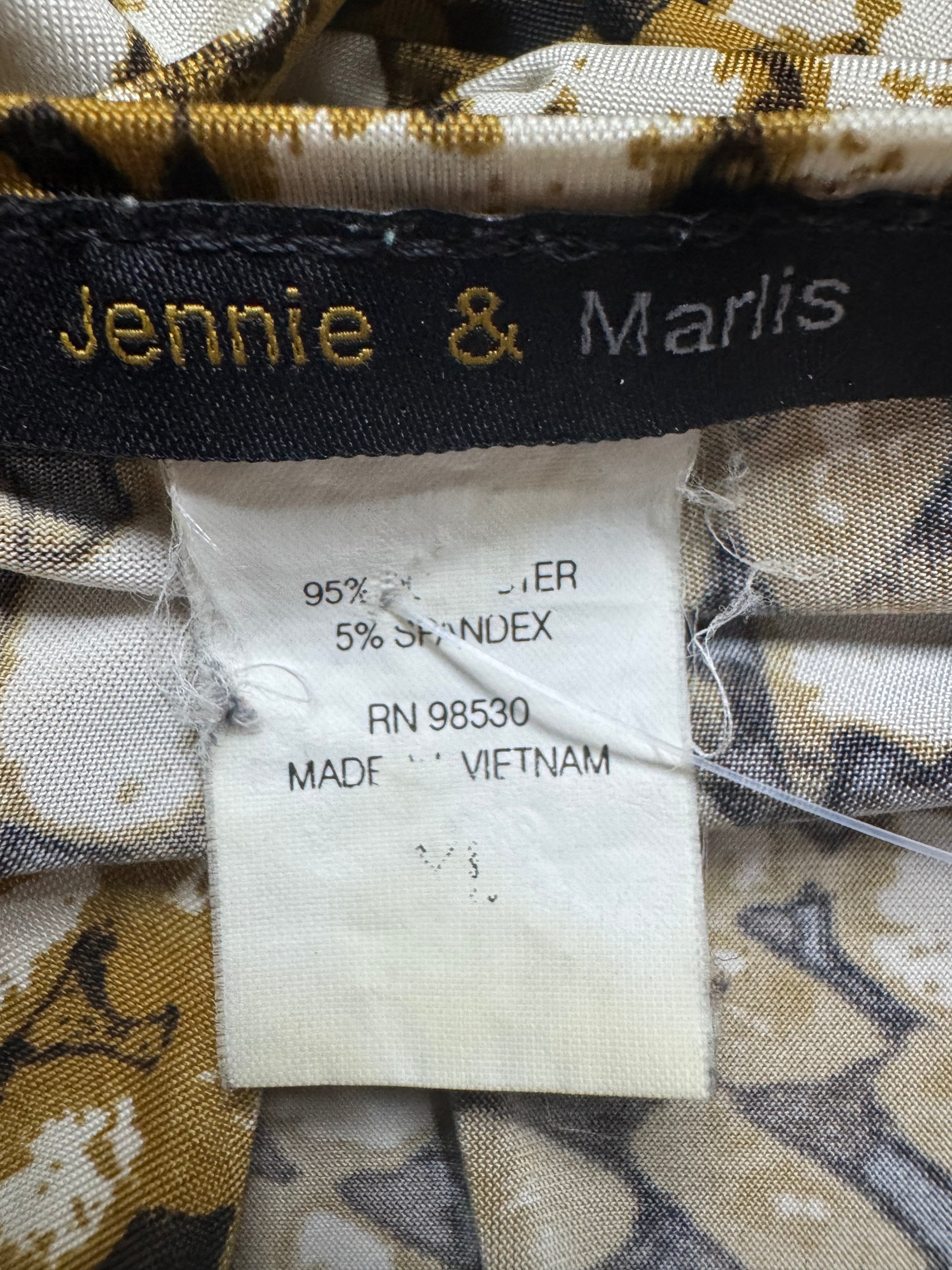 Jennie & Marlis Cowl Neck Blouse Size L Gold Green Abstract Pattern Stretch