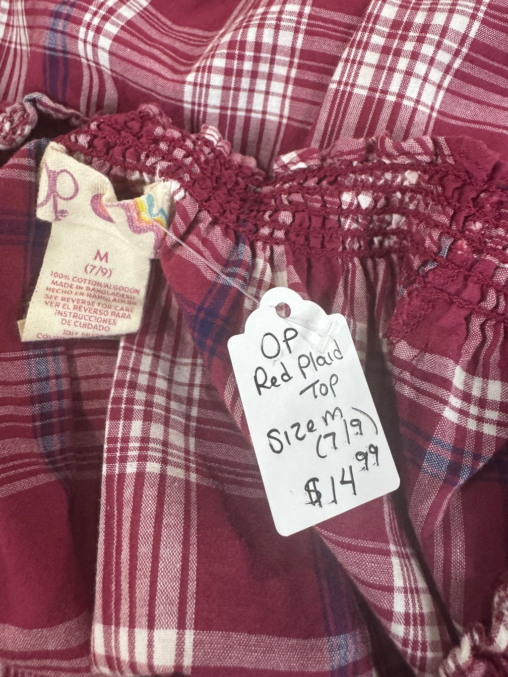 OP Red & White Plaid Short Sleeve Blouse Size M (Juniors)