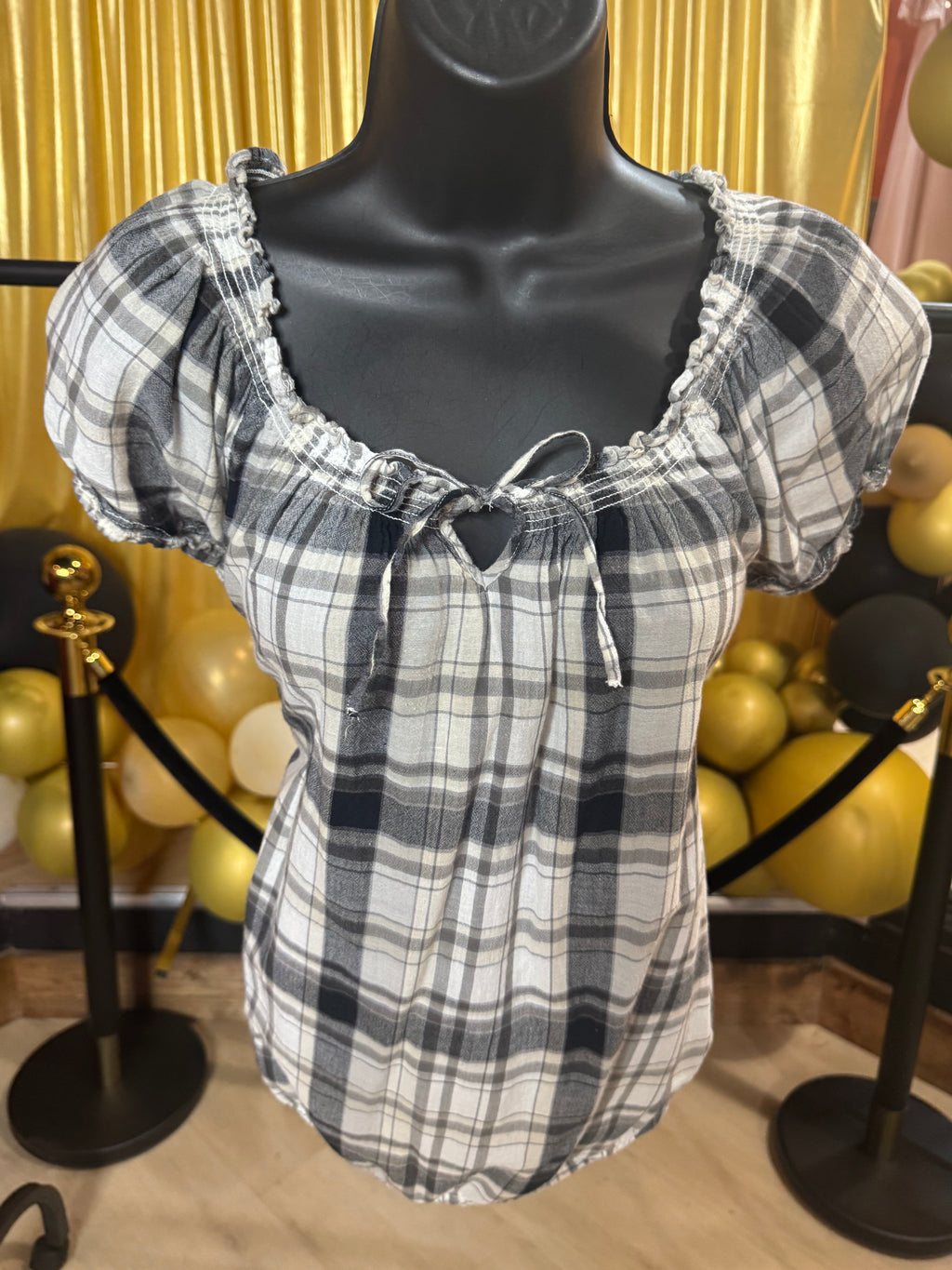 Faded Glory Black & White Plaid Blouse Size M