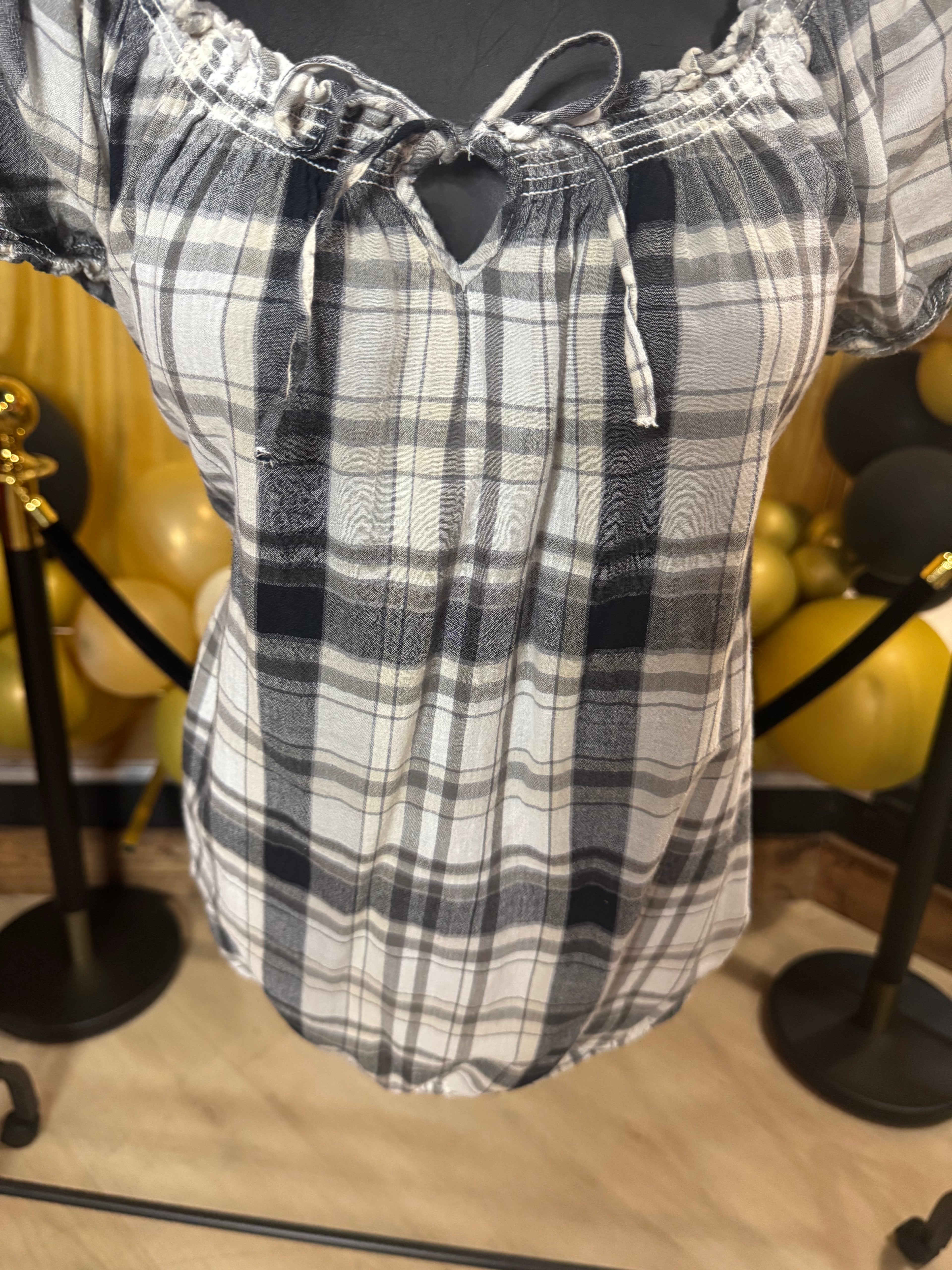 Faded Glory Black & White Plaid Blouse Size M