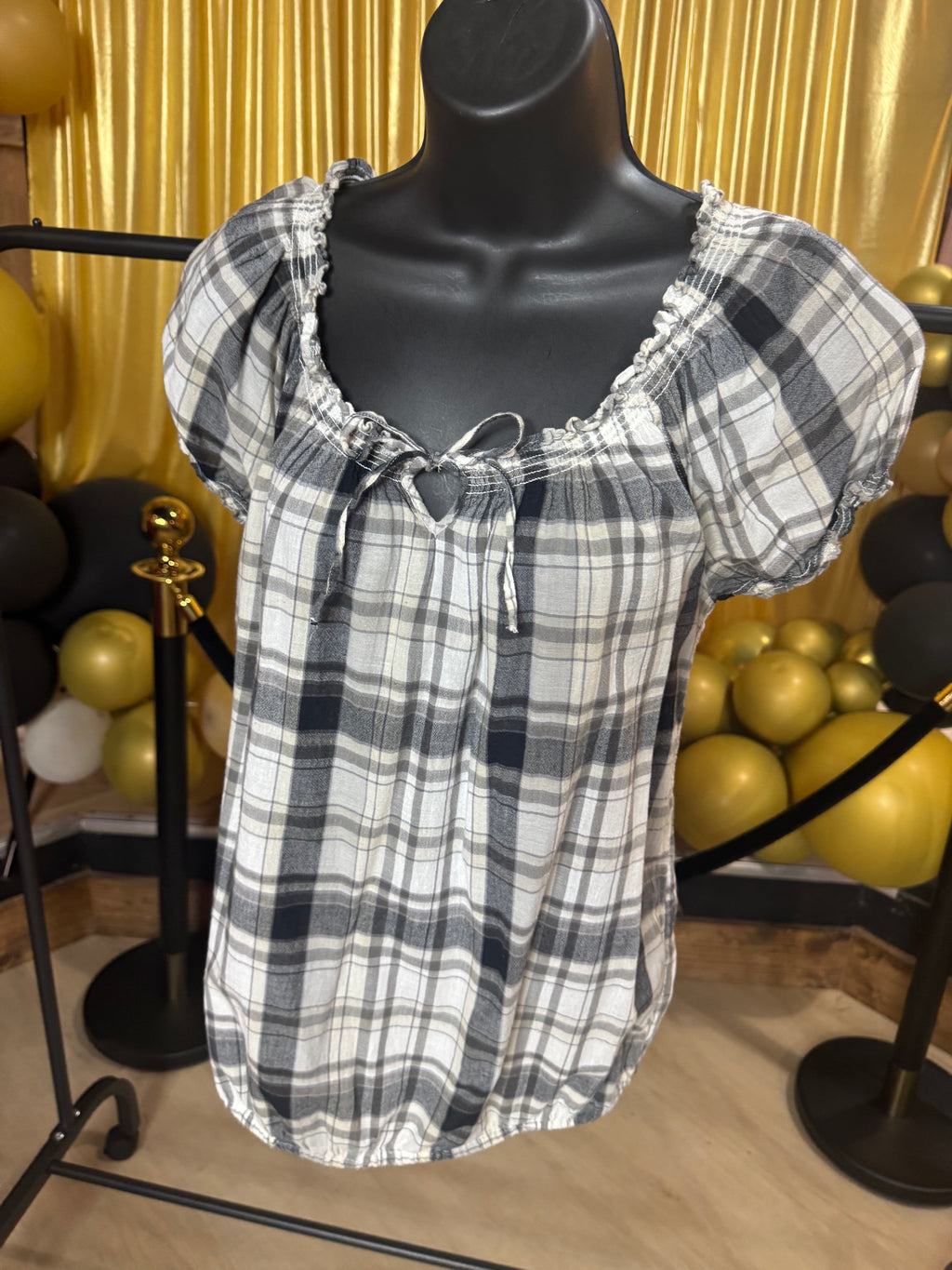 Faded Glory Black & White Plaid Blouse Size M