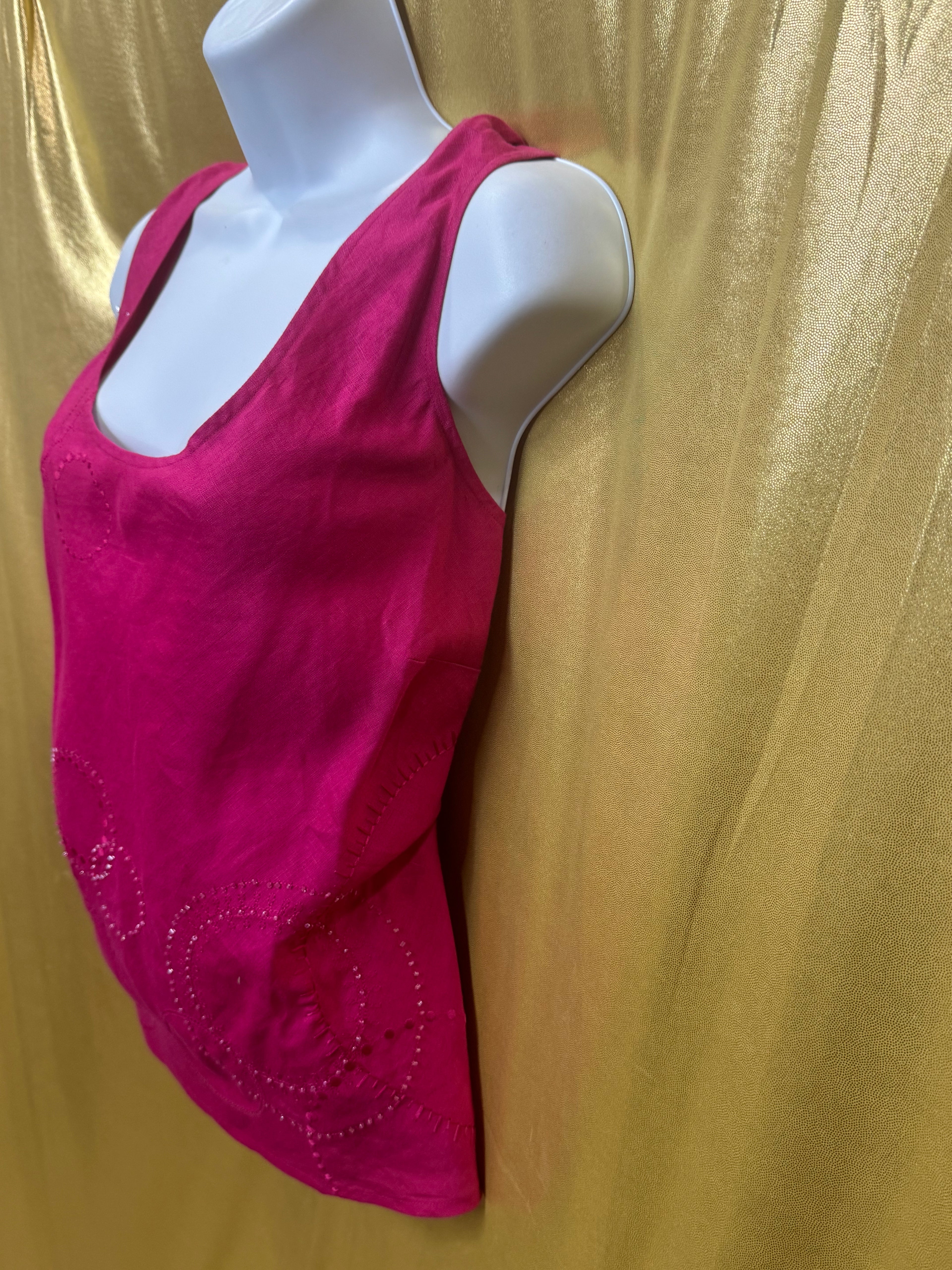Valerie Stevens Hot Pink 100% Linen Beaded Tank Top - Size L