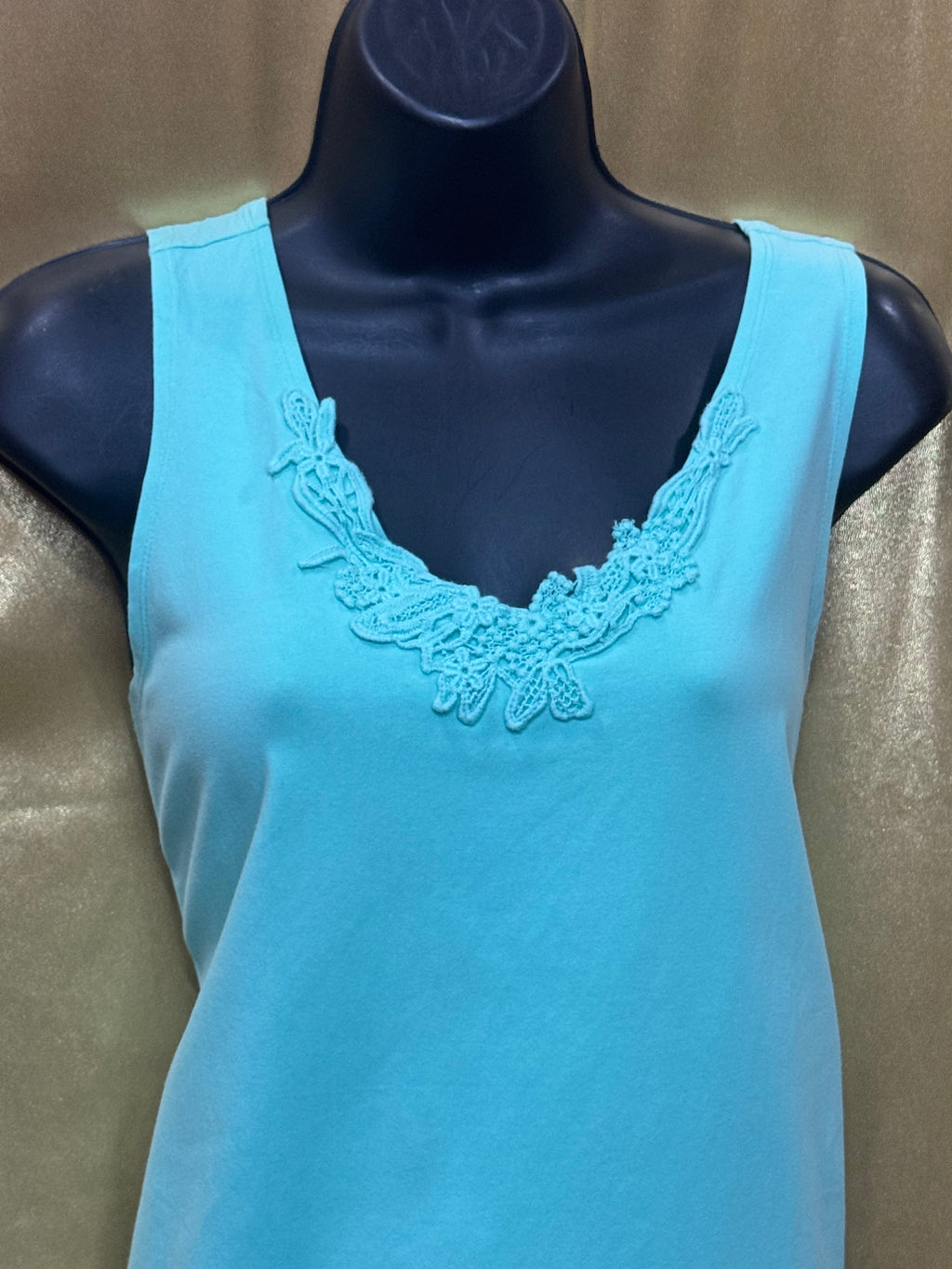 Susan Graver Mint Green Lace Neck Tank Top Size Large Cotton Spandex