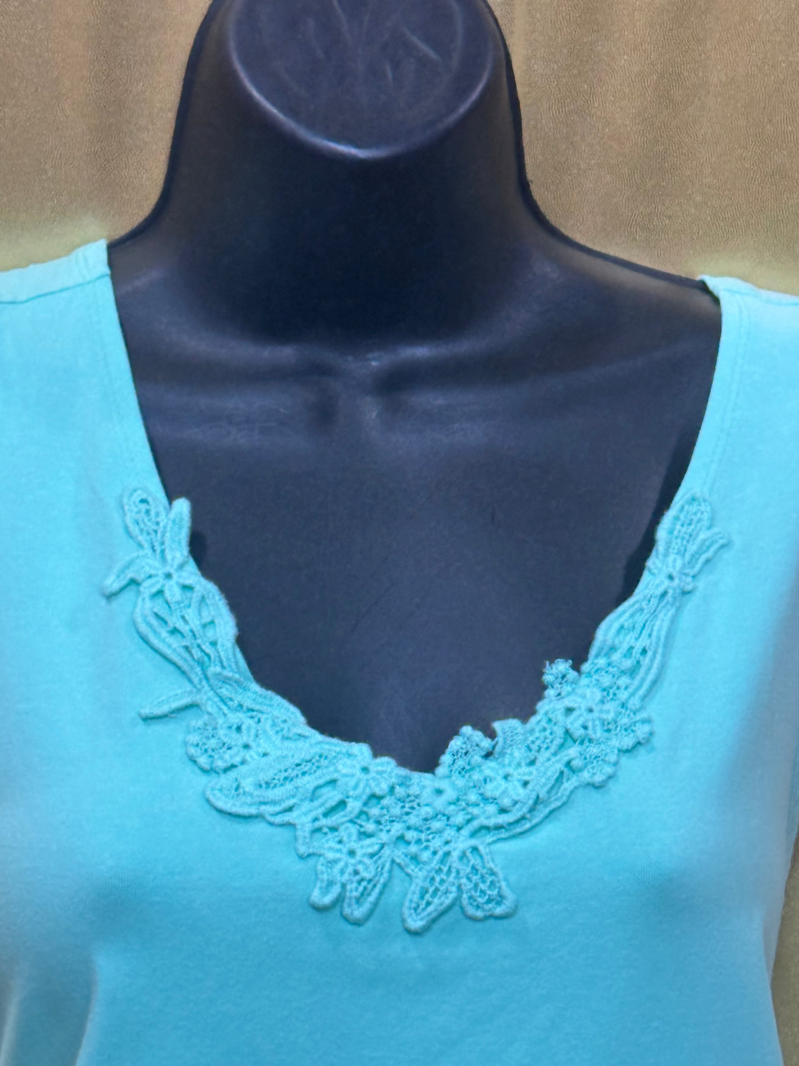 Susan Graver Mint Green Lace Neck Tank Top Size Large Cotton Spandex