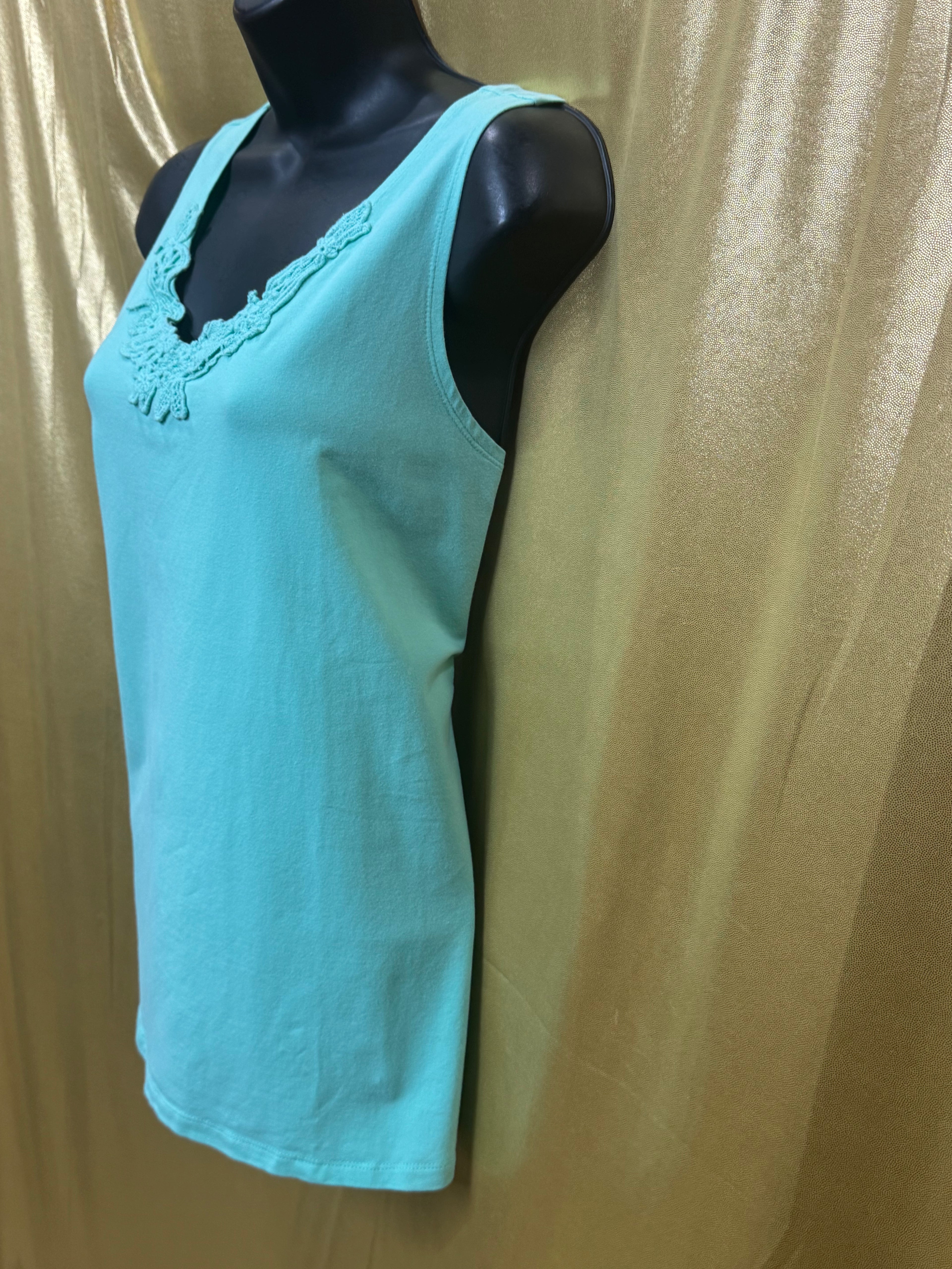 Susan Graver Mint Green Lace Neck Tank Top Size Large Cotton Spandex