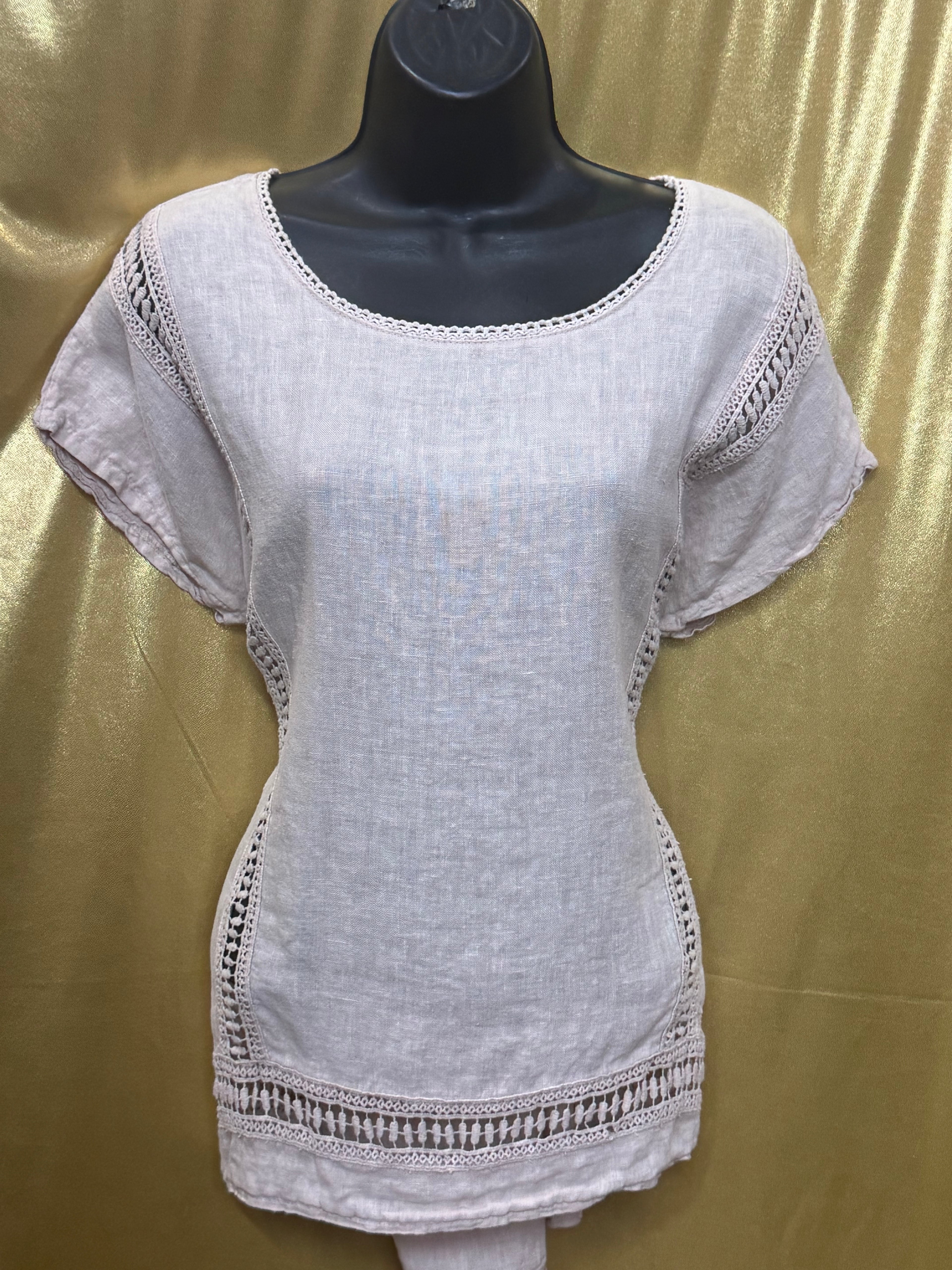Alessia Pacini Italian Linen Boho Blouse Light Pink Cotton Lace Trim Size Large L