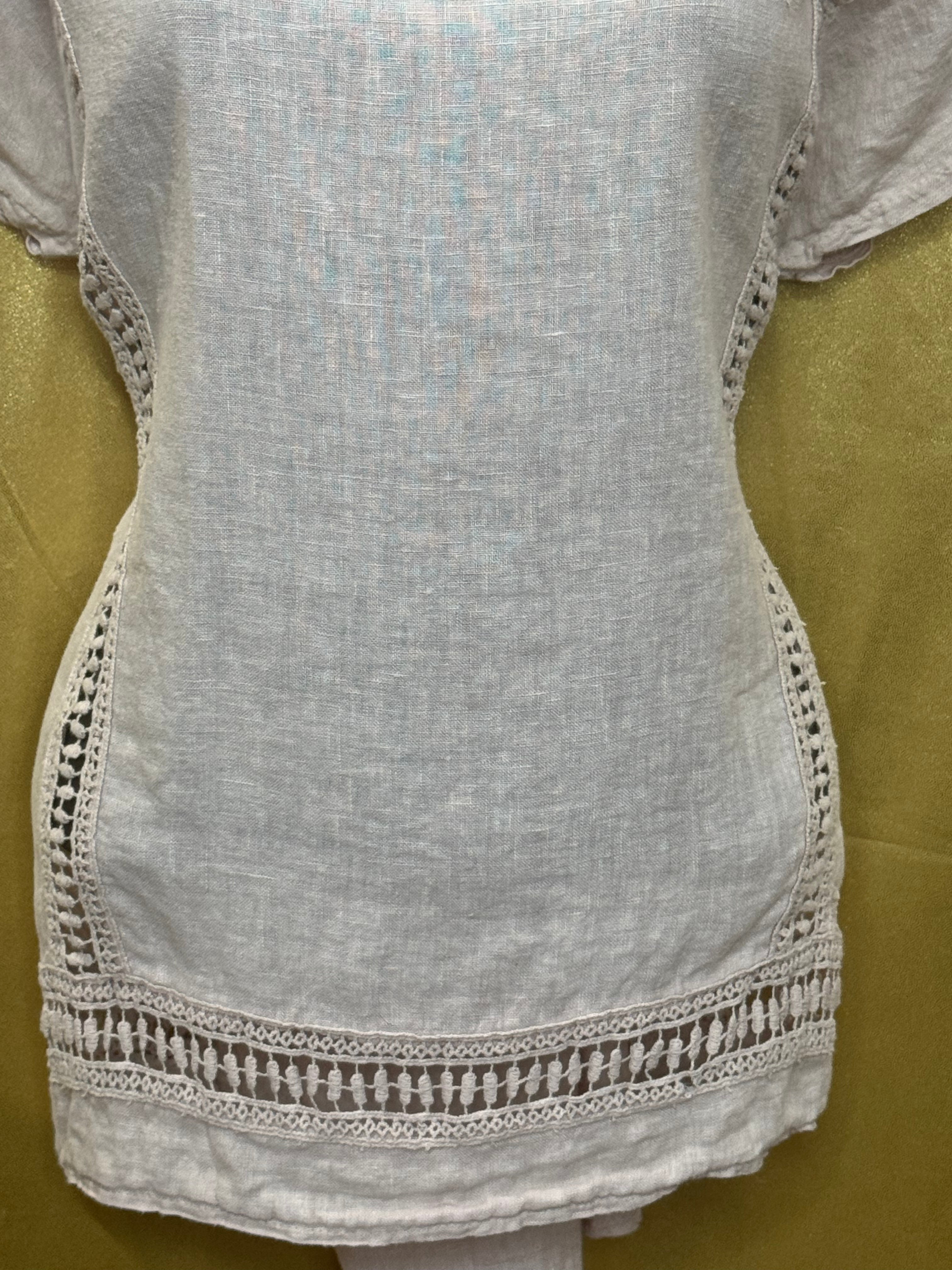 Alessia Pacini Italian Linen Boho Blouse Light Pink Cotton Lace Trim Size Large L