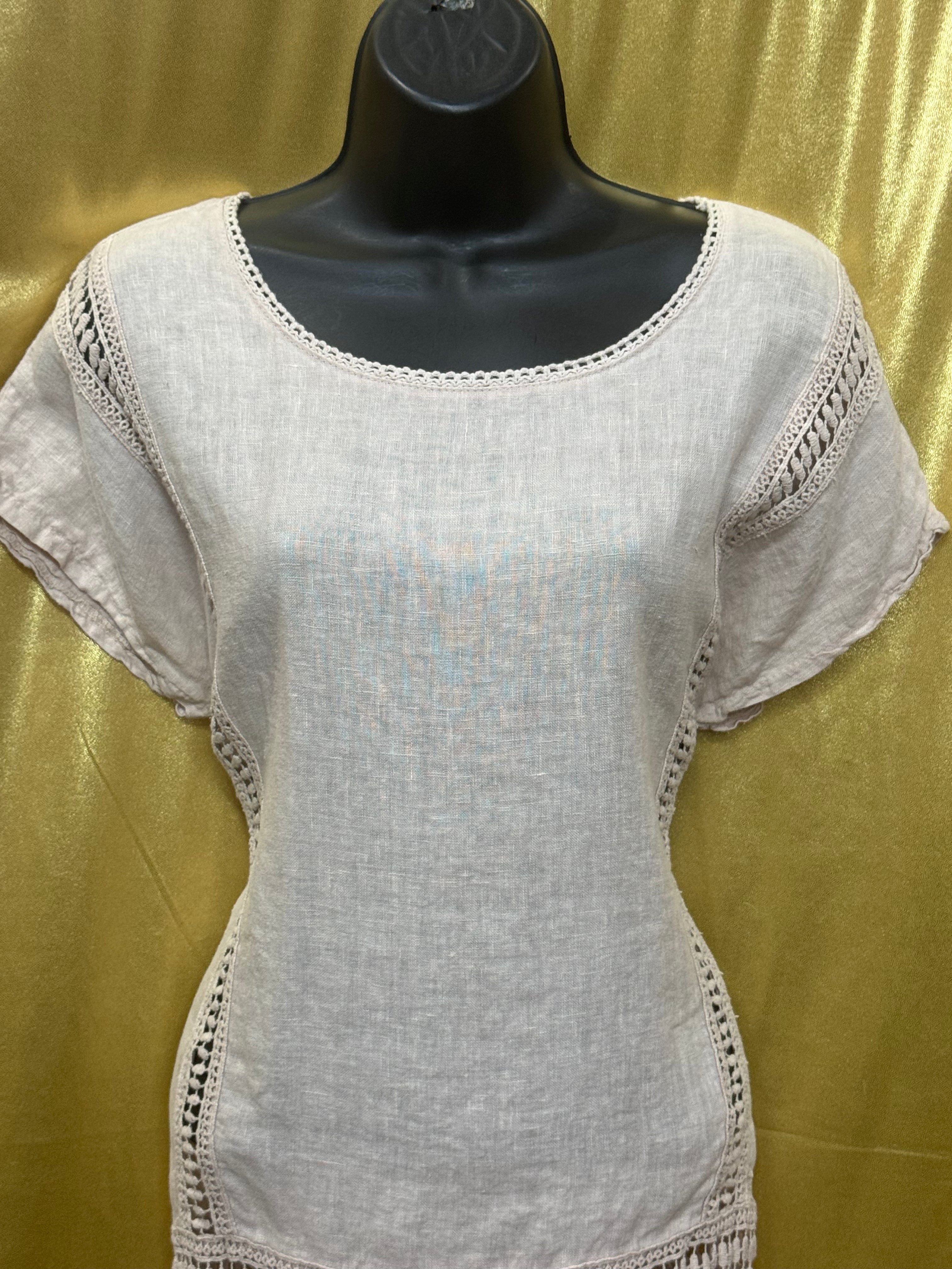Alessia Pacini Italian Linen Boho Blouse Light Pink Cotton Lace Trim Size Large L