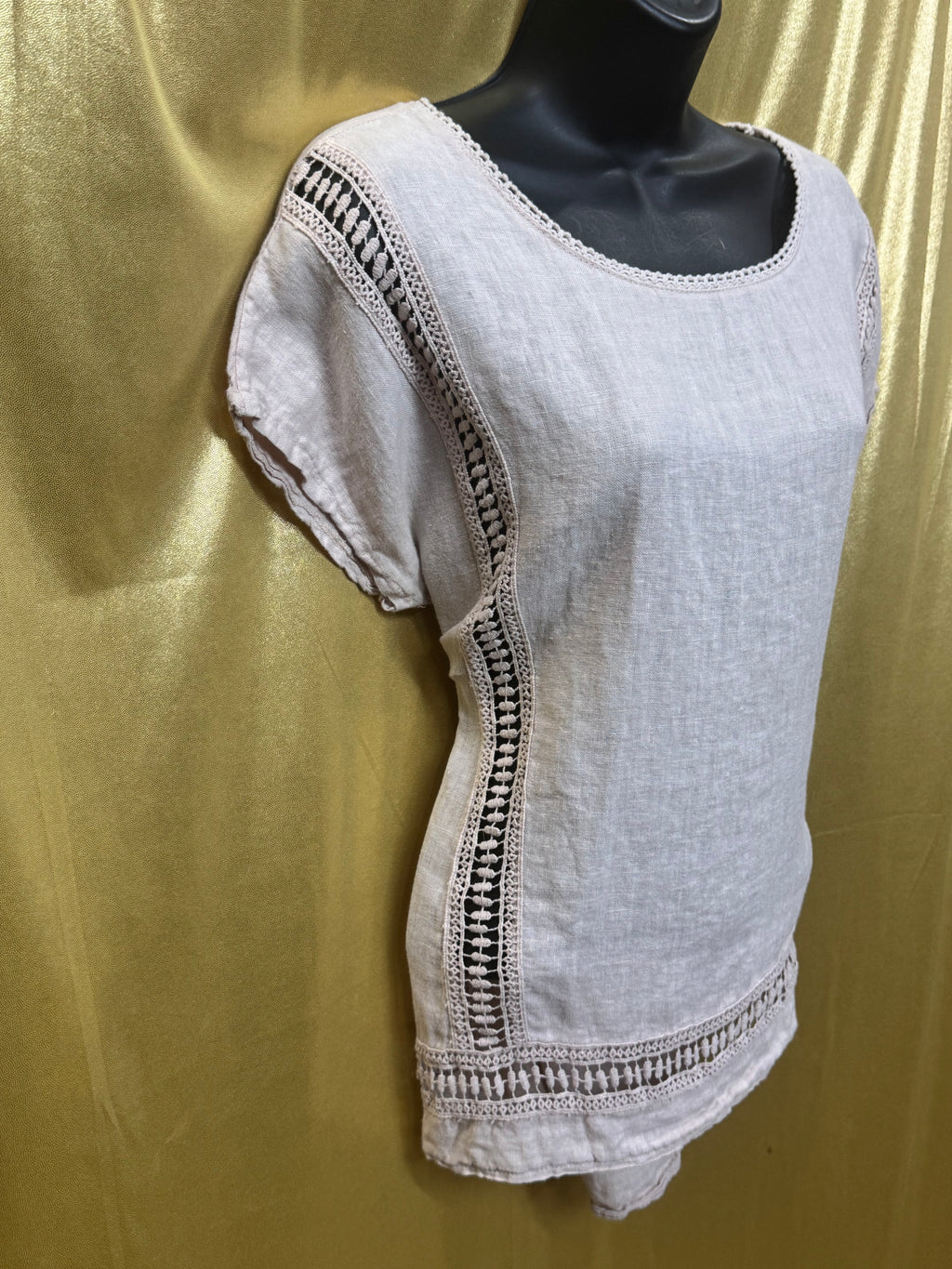 Alessia Pacini Italian Linen Boho Blouse Light Pink Cotton Lace Trim Size Large L