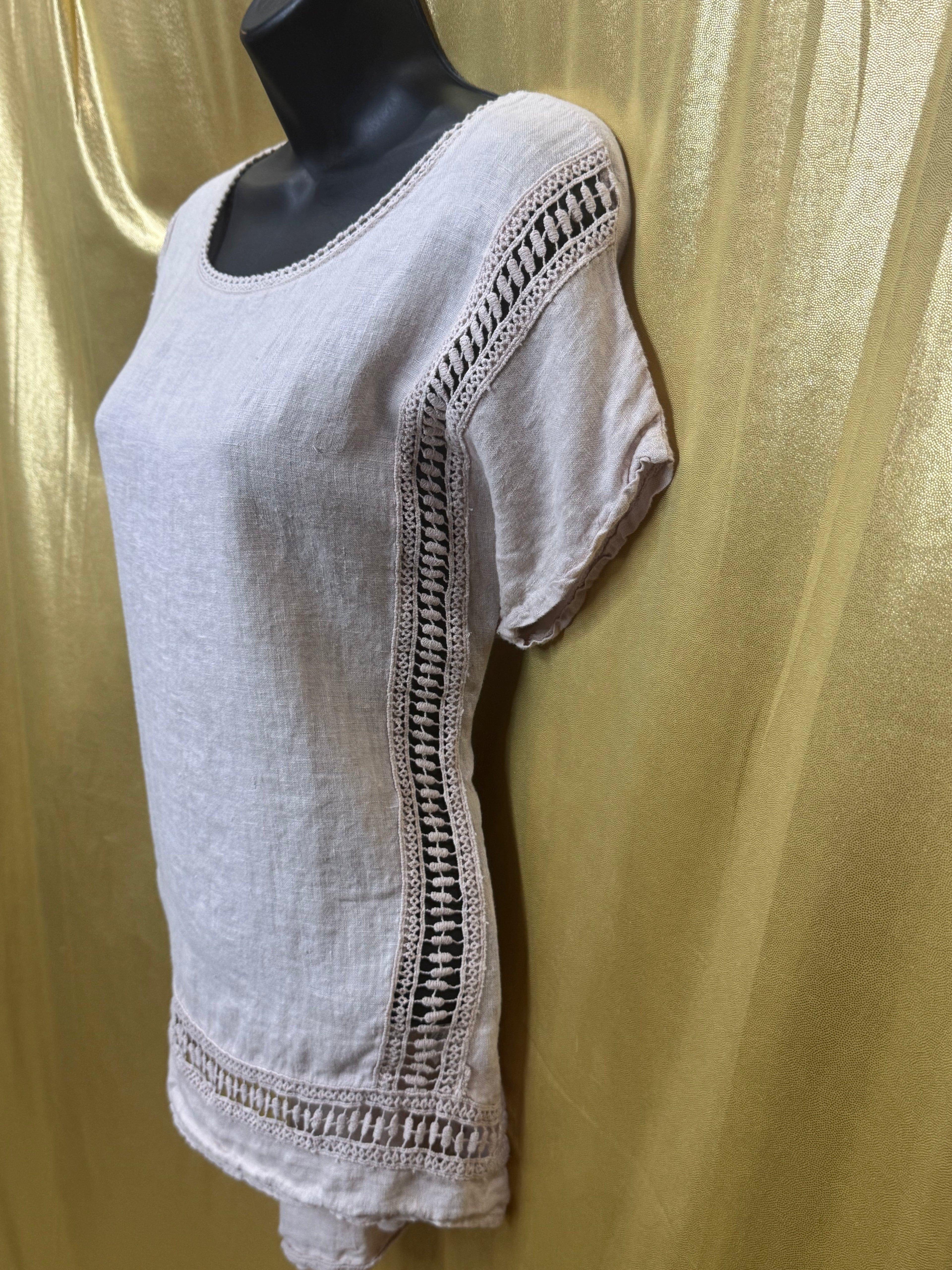Alessia Pacini Italian Linen Boho Blouse Light Pink Cotton Lace Trim Size Large L