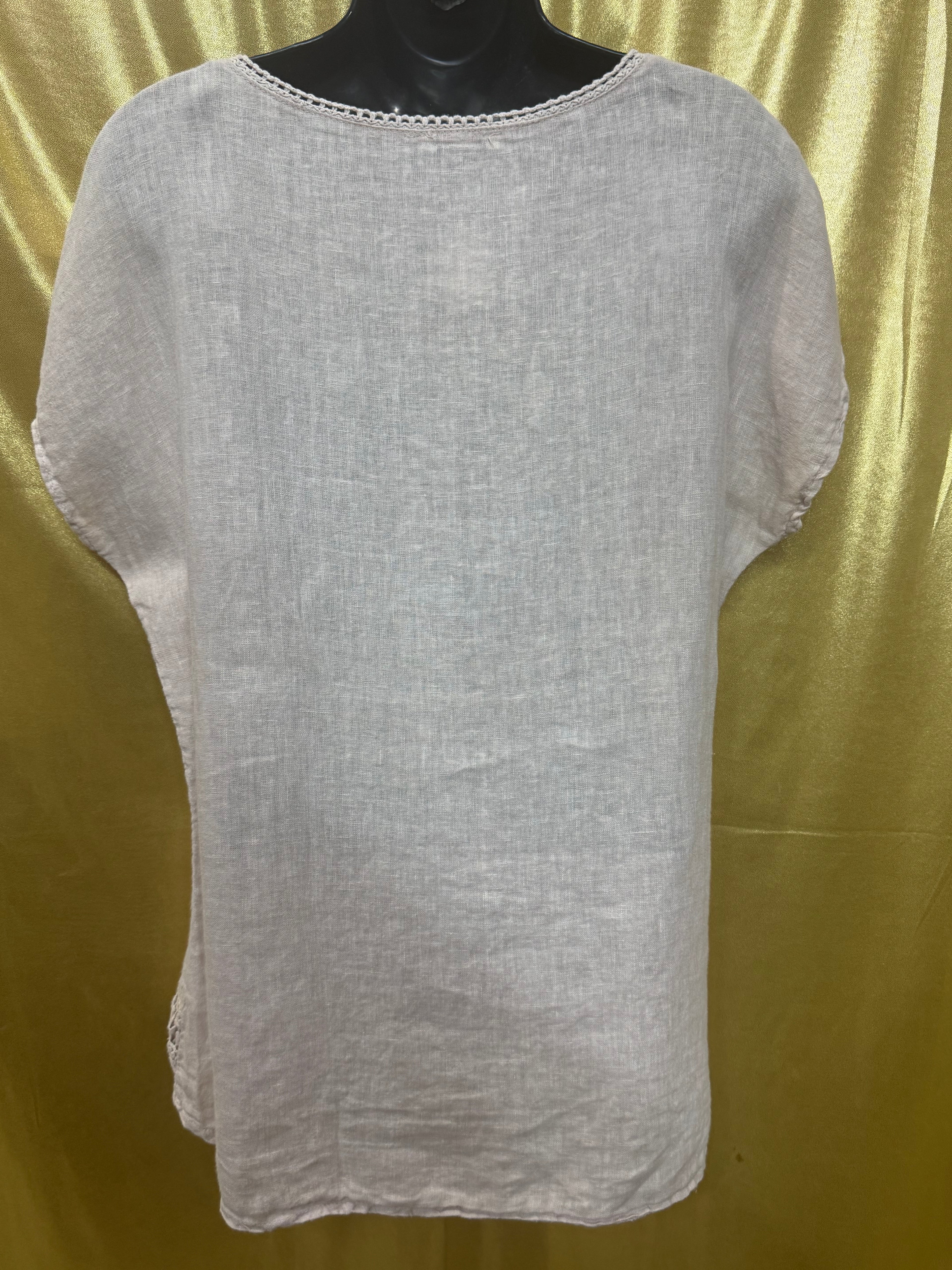 Alessia Pacini Italian Linen Boho Blouse Light Pink Cotton Lace Trim Size Large L