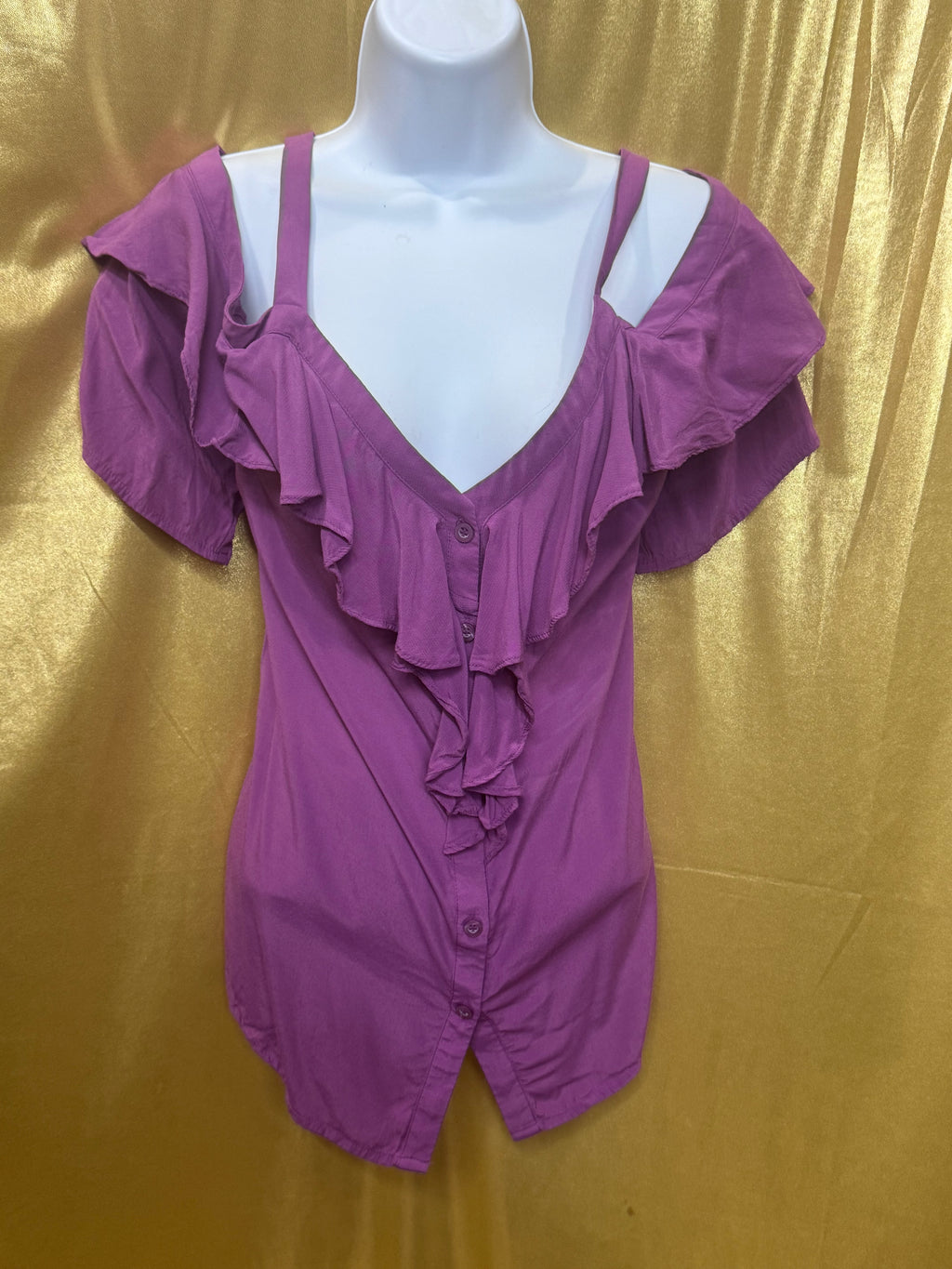 SOHO Jeans New York & Company Purple Cold Shoulder Ruffle Blouse Top L