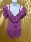 SOHO Jeans New York & Company Purple Cold Shoulder Ruffle Blouse Top L
