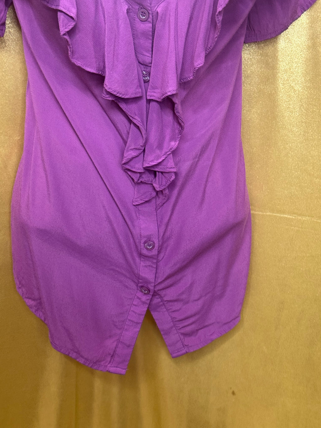 SOHO Jeans New York & Company Purple Cold Shoulder Ruffle Blouse Top L