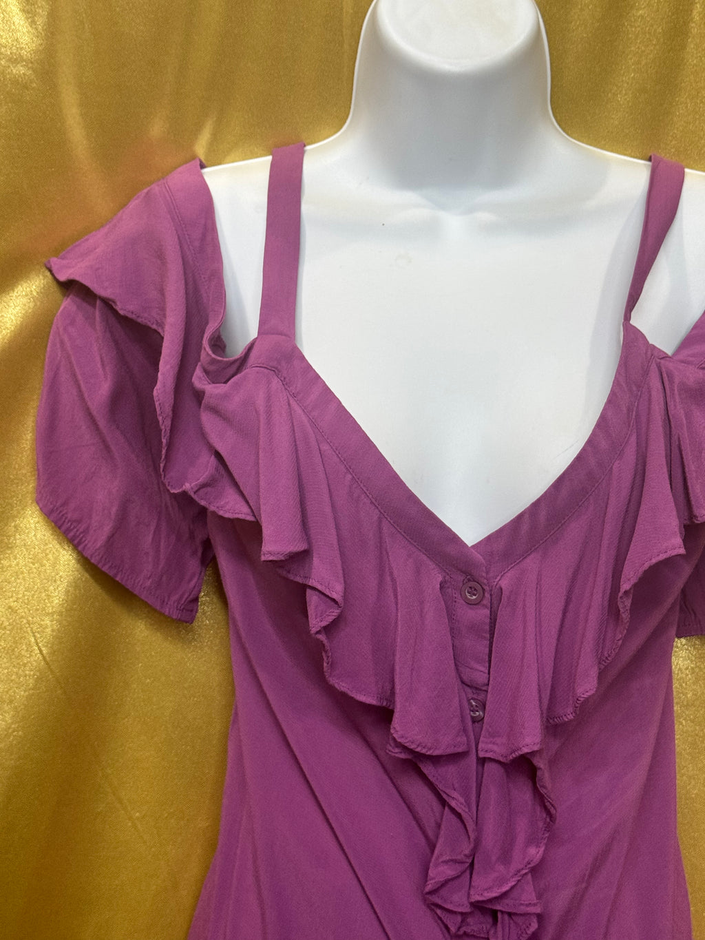 SOHO Jeans New York & Company Purple Cold Shoulder Ruffle Blouse Top L