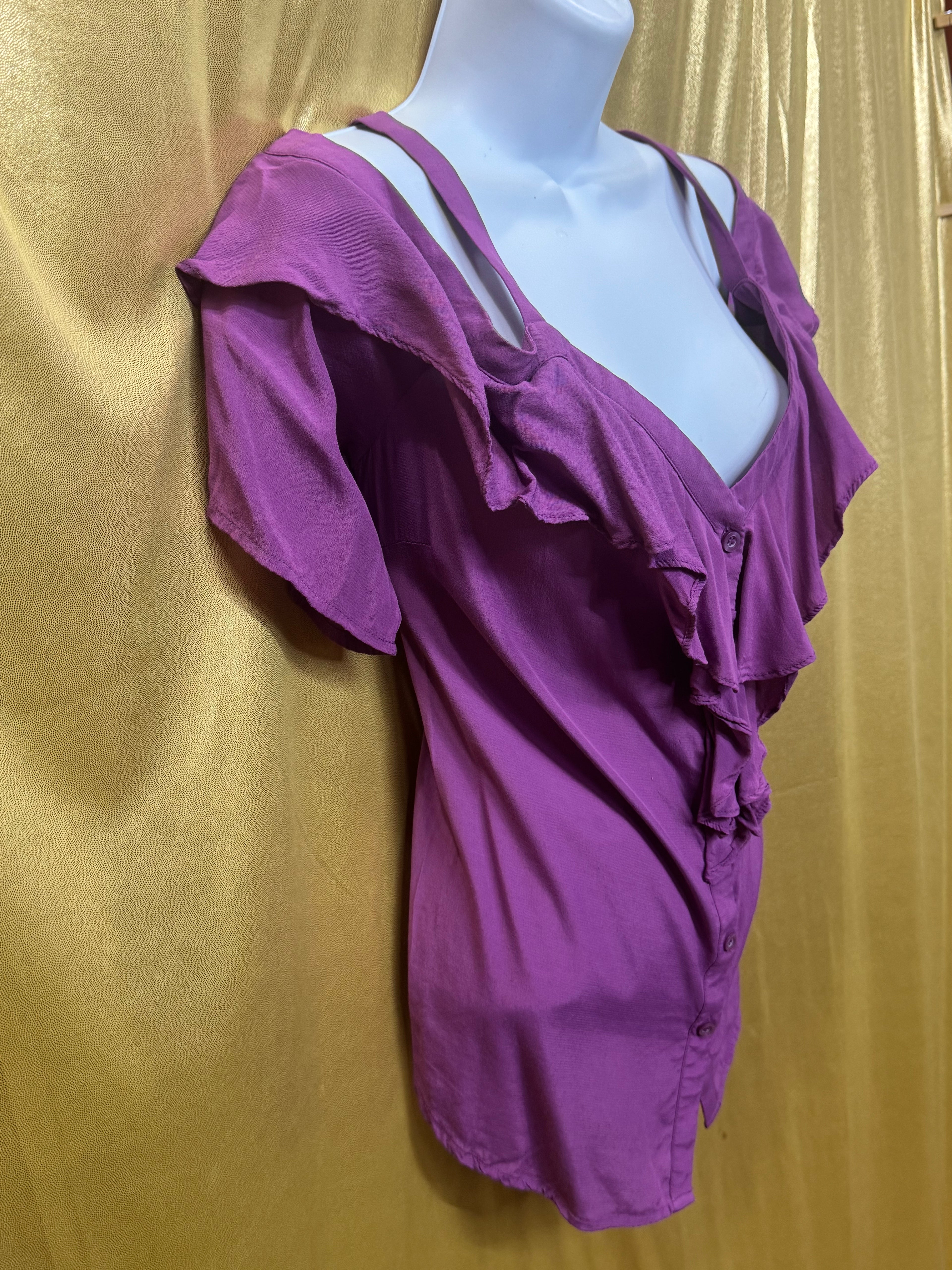 SOHO Jeans New York & Company Purple Cold Shoulder Ruffle Blouse Top L