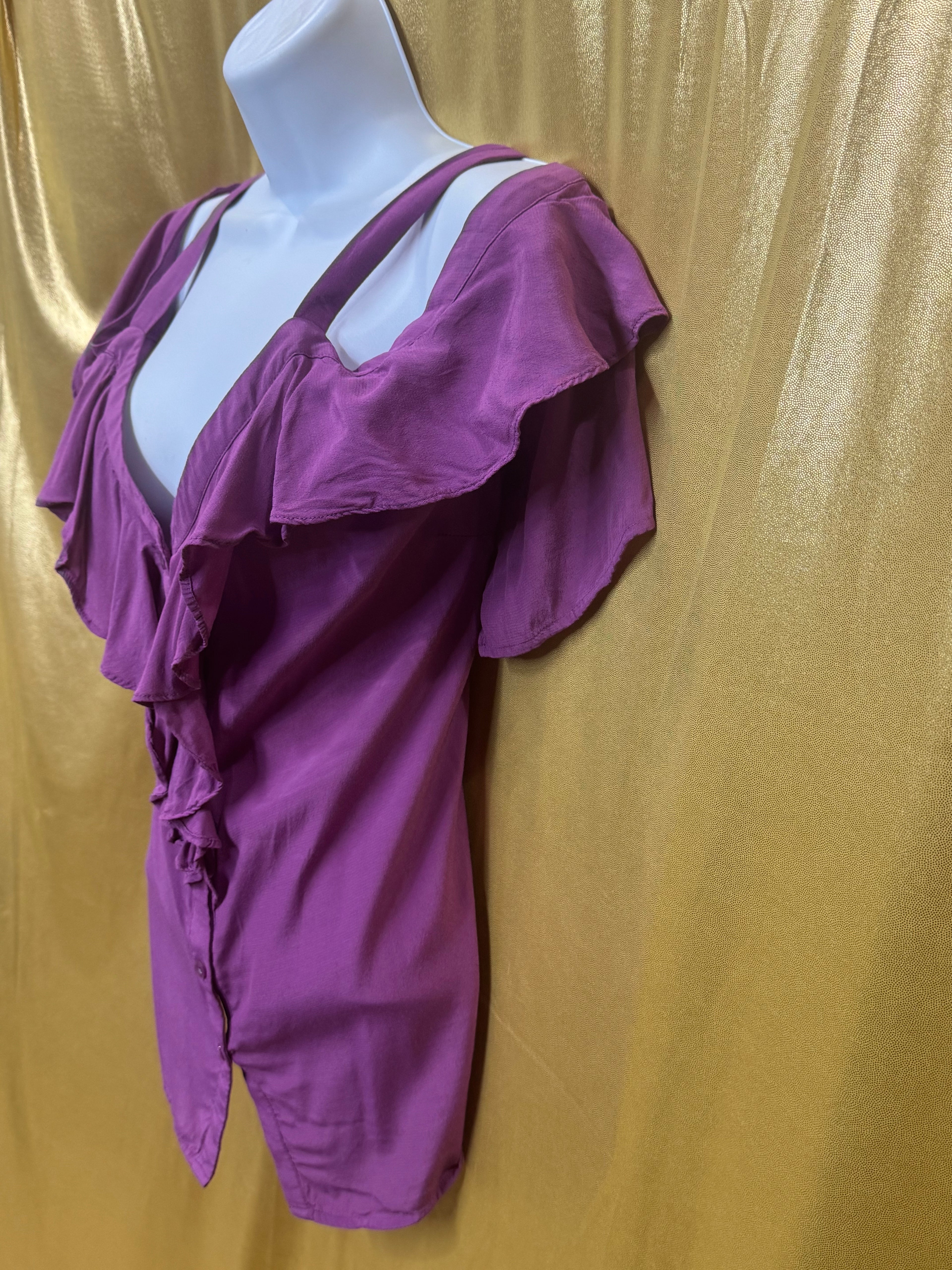 SOHO Jeans New York & Company Purple Cold Shoulder Ruffle Blouse Top L