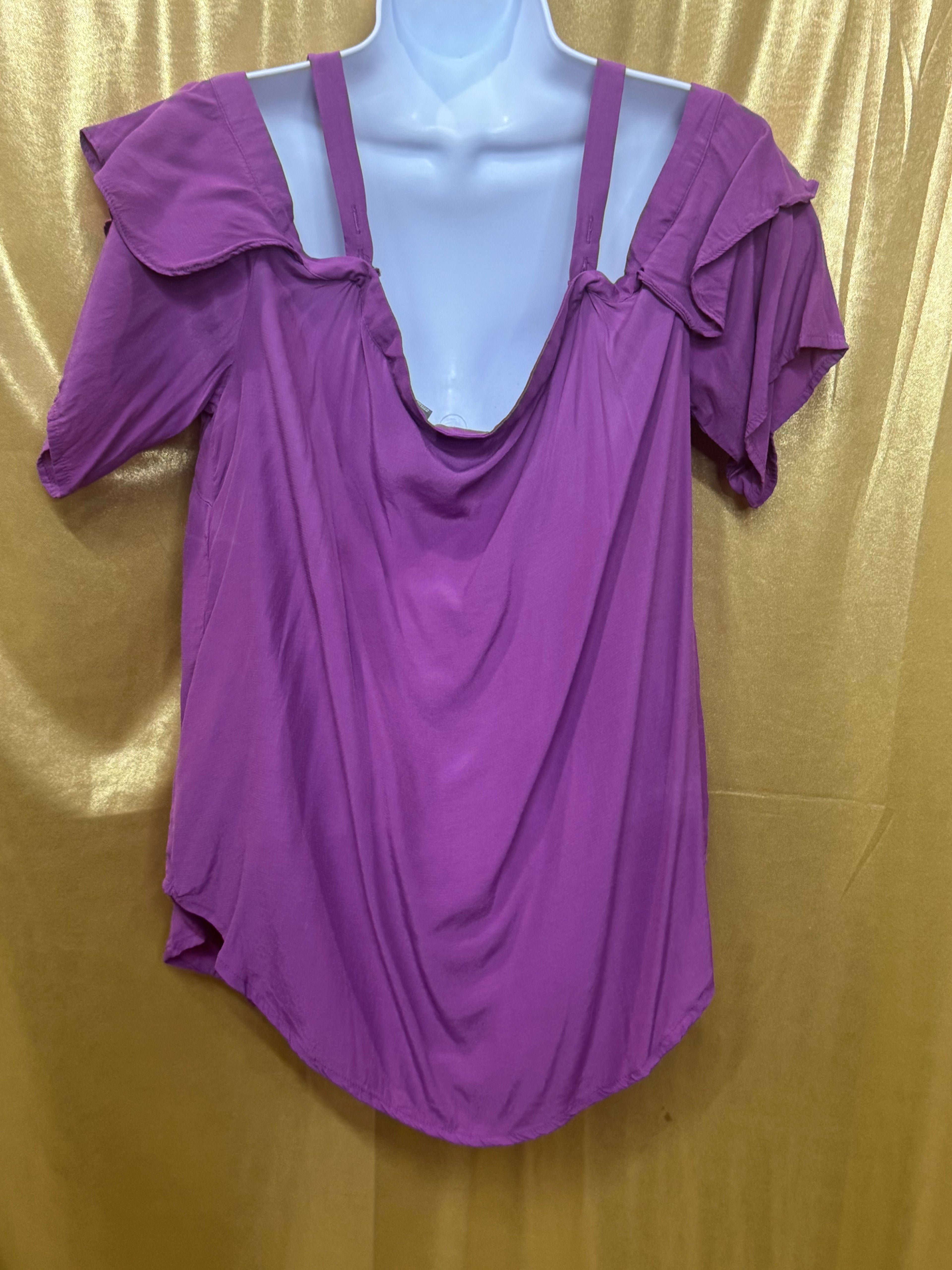 SOHO Jeans New York & Company Purple Cold Shoulder Ruffle Blouse Top L