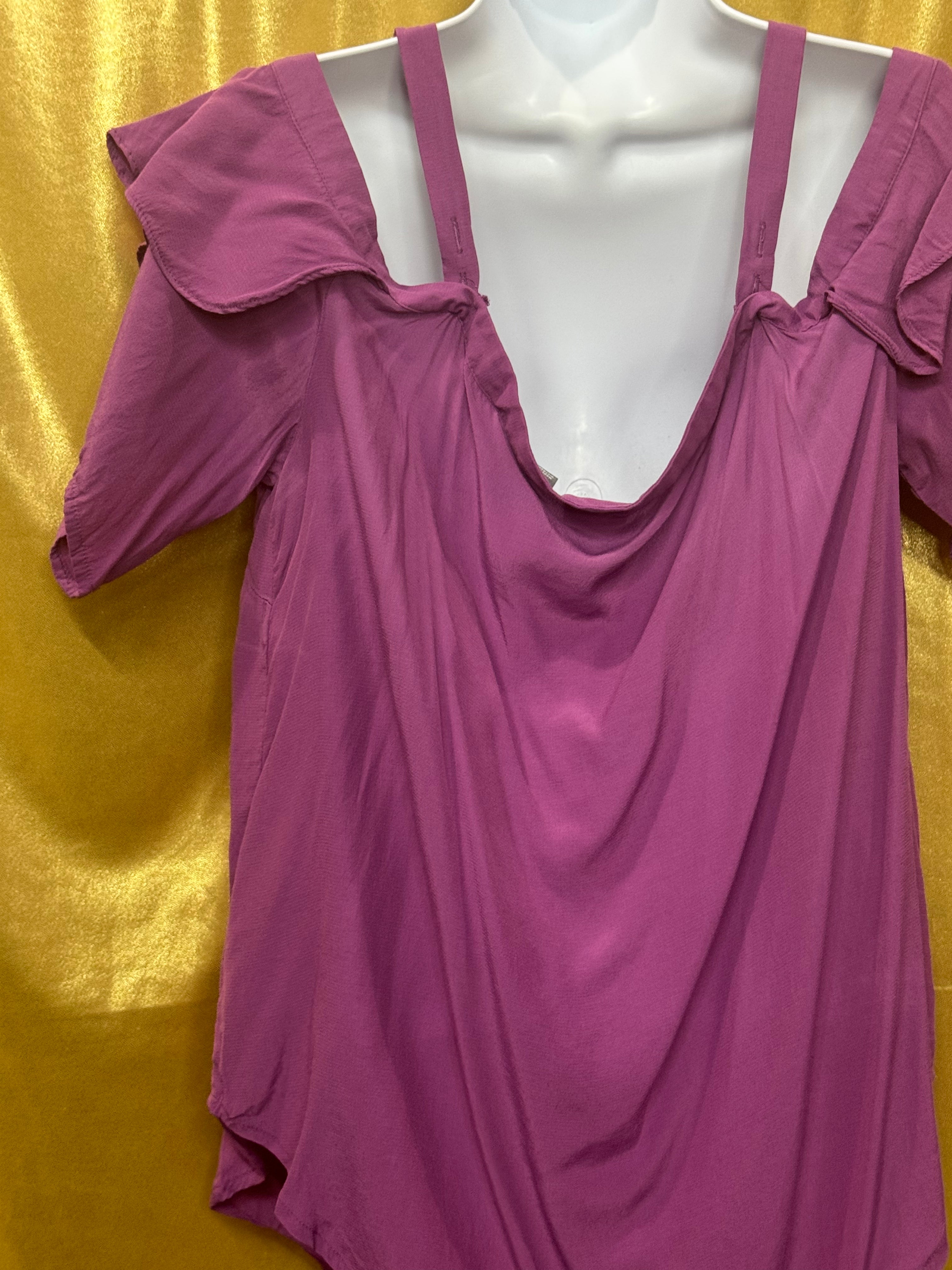 SOHO Jeans New York & Company Purple Cold Shoulder Ruffle Blouse Top L